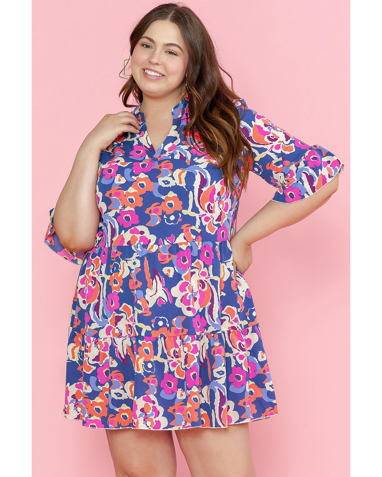 Blue Plus Size Floral Print Ruffled 3/4 Sleeve Mini Dress - 1X
