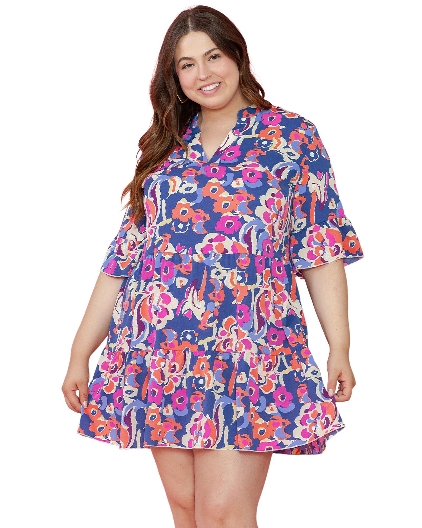 Blue Plus Size Floral Print Ruffled 3/4 Sleeve Mini Dress - 1X