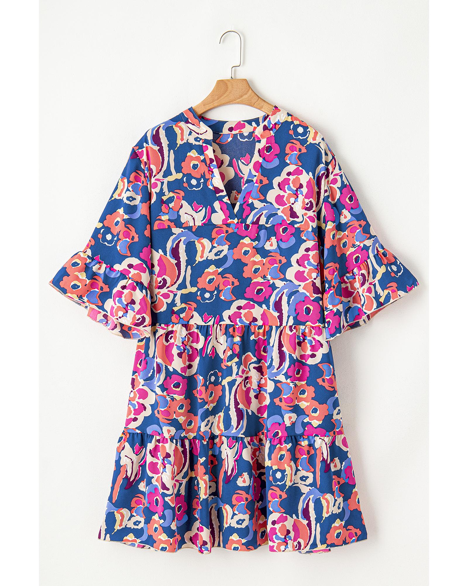 Blue Plus Size Floral Print Ruffled 3/4 Sleeve Mini Dress - 1X