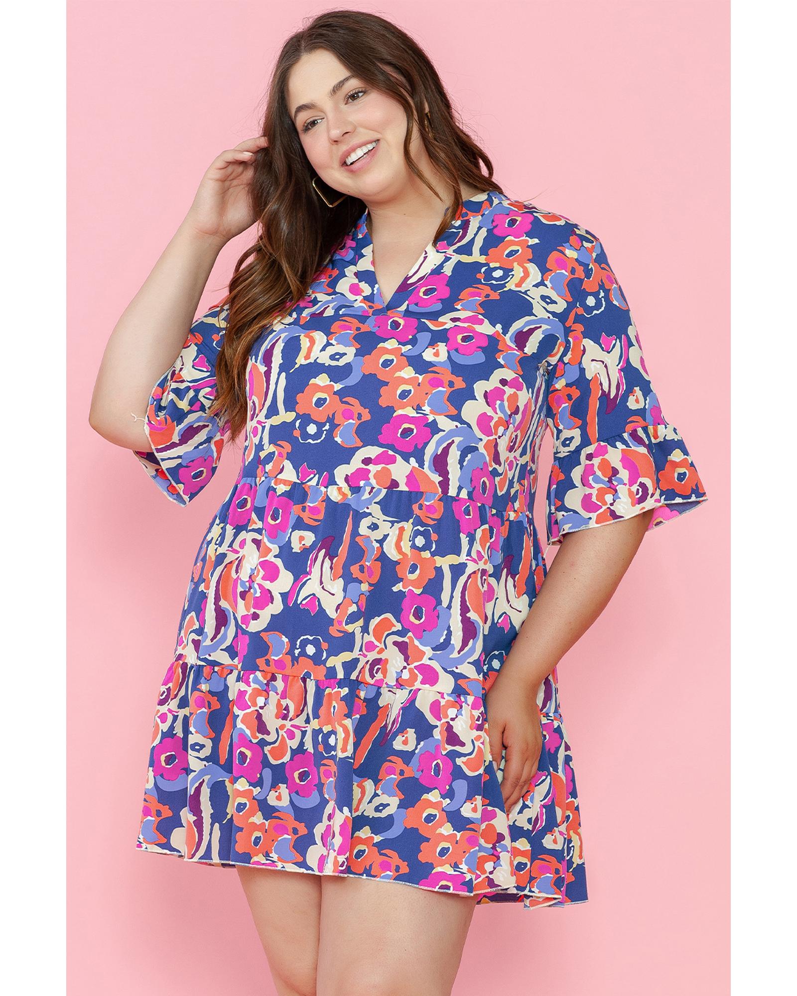 Blue Plus Size Floral Print Ruffled 3/4 Sleeve Mini Dress - 1X