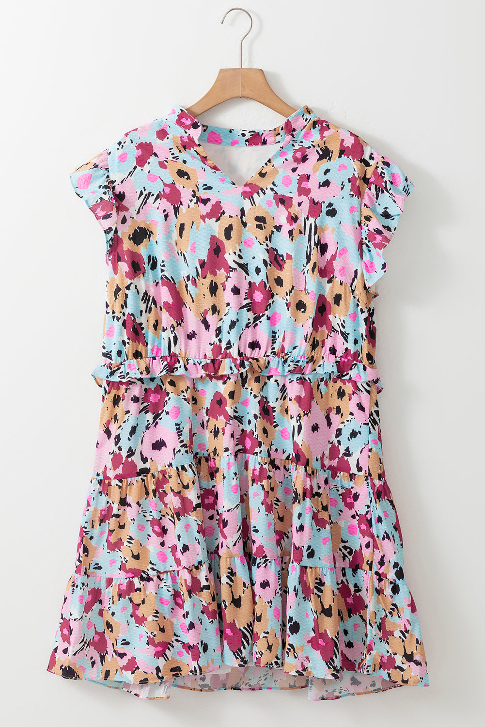 Red Floral Ruffled Cap Sleeve Plus Size Mini Dress - 2X
