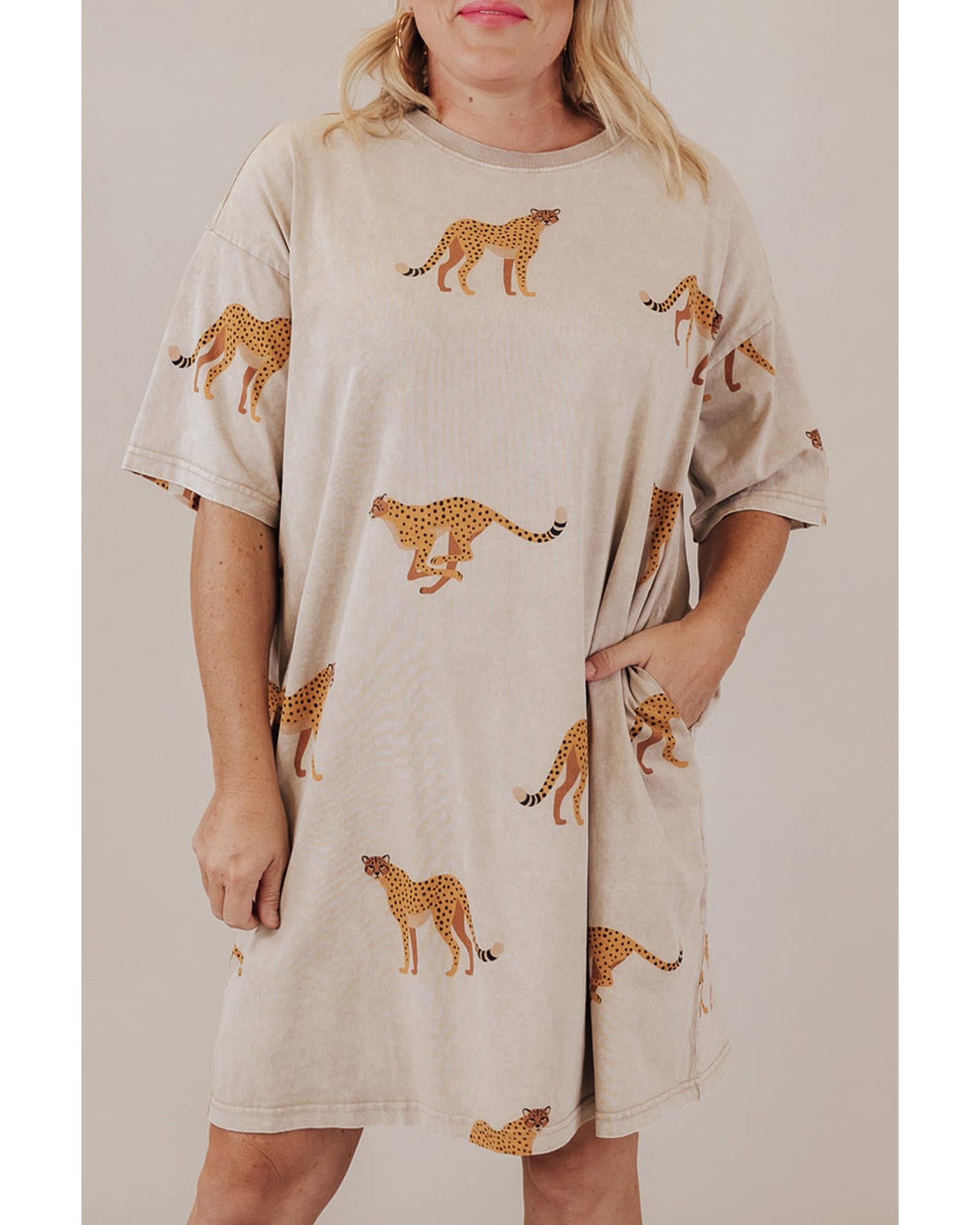 Apricot Plus Size Cheetah Print Side Pockets T Shirt Mini Dress - 2X