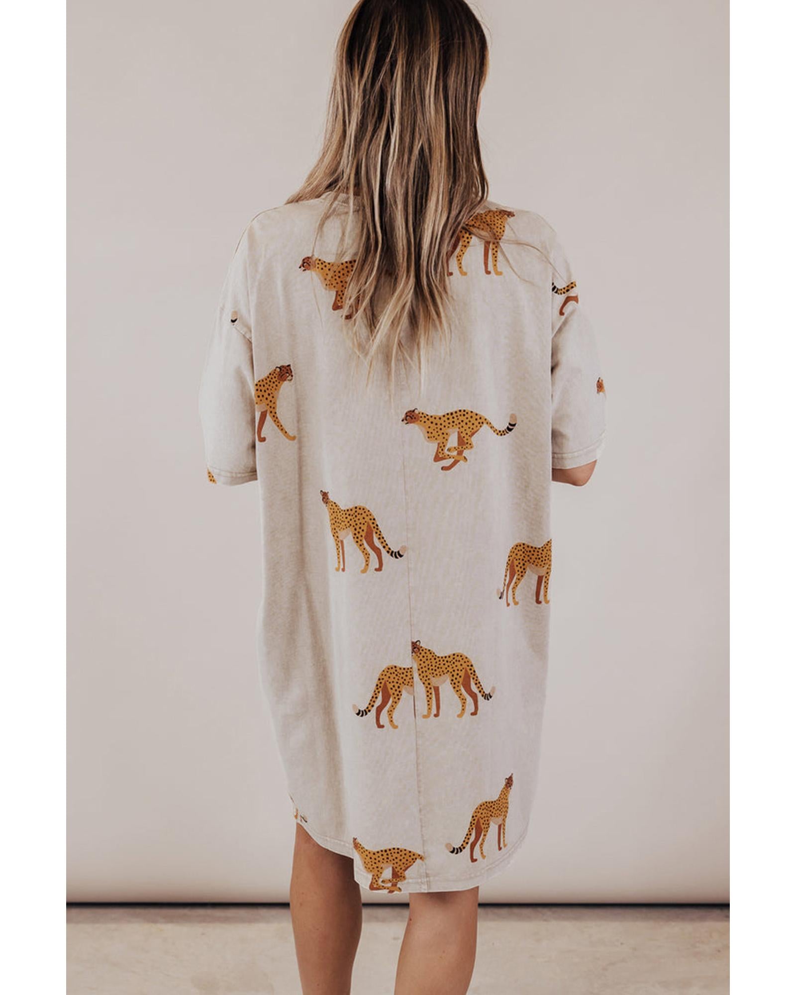 Apricot Plus Size Cheetah Print Side Pockets T Shirt Mini Dress - 2X