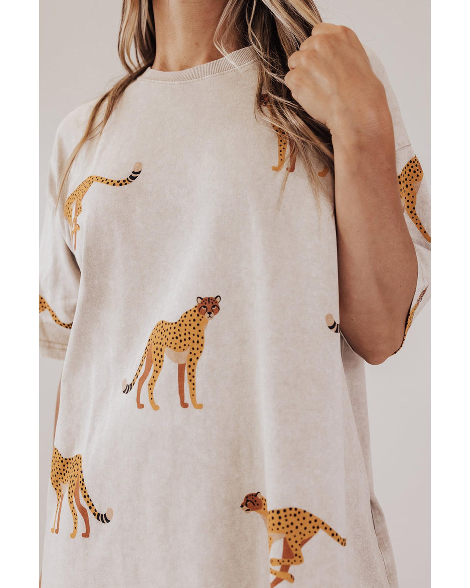 Apricot Plus Size Cheetah Print Side Pockets T Shirt Mini Dress - 2X