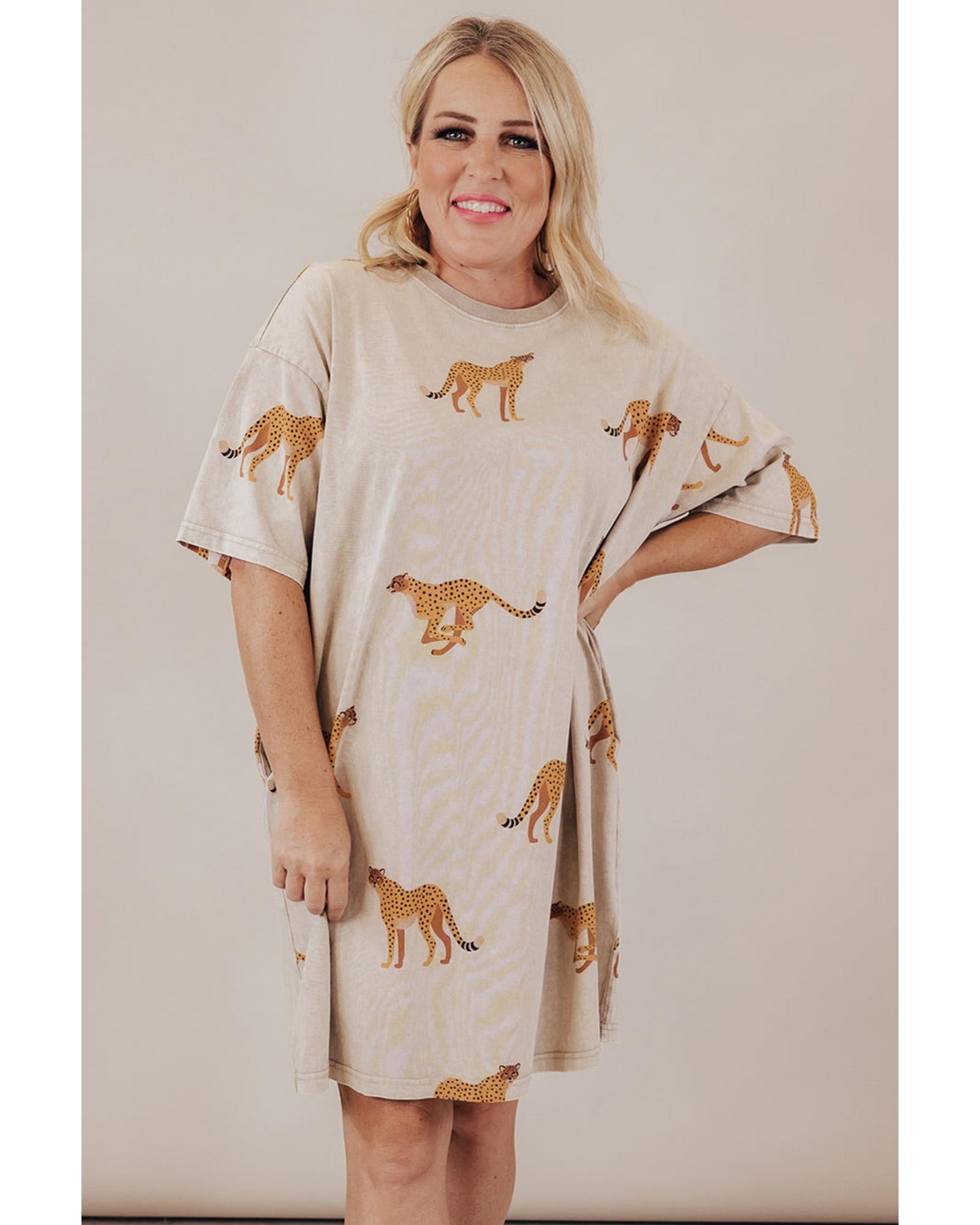 Apricot Plus Size Cheetah Print Side Pockets T Shirt Mini Dress - 2X
