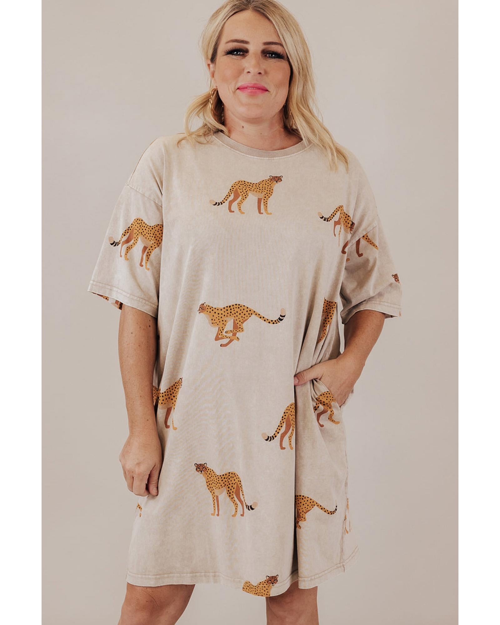 Apricot Plus Size Cheetah Print Side Pockets T Shirt Mini Dress - 3X