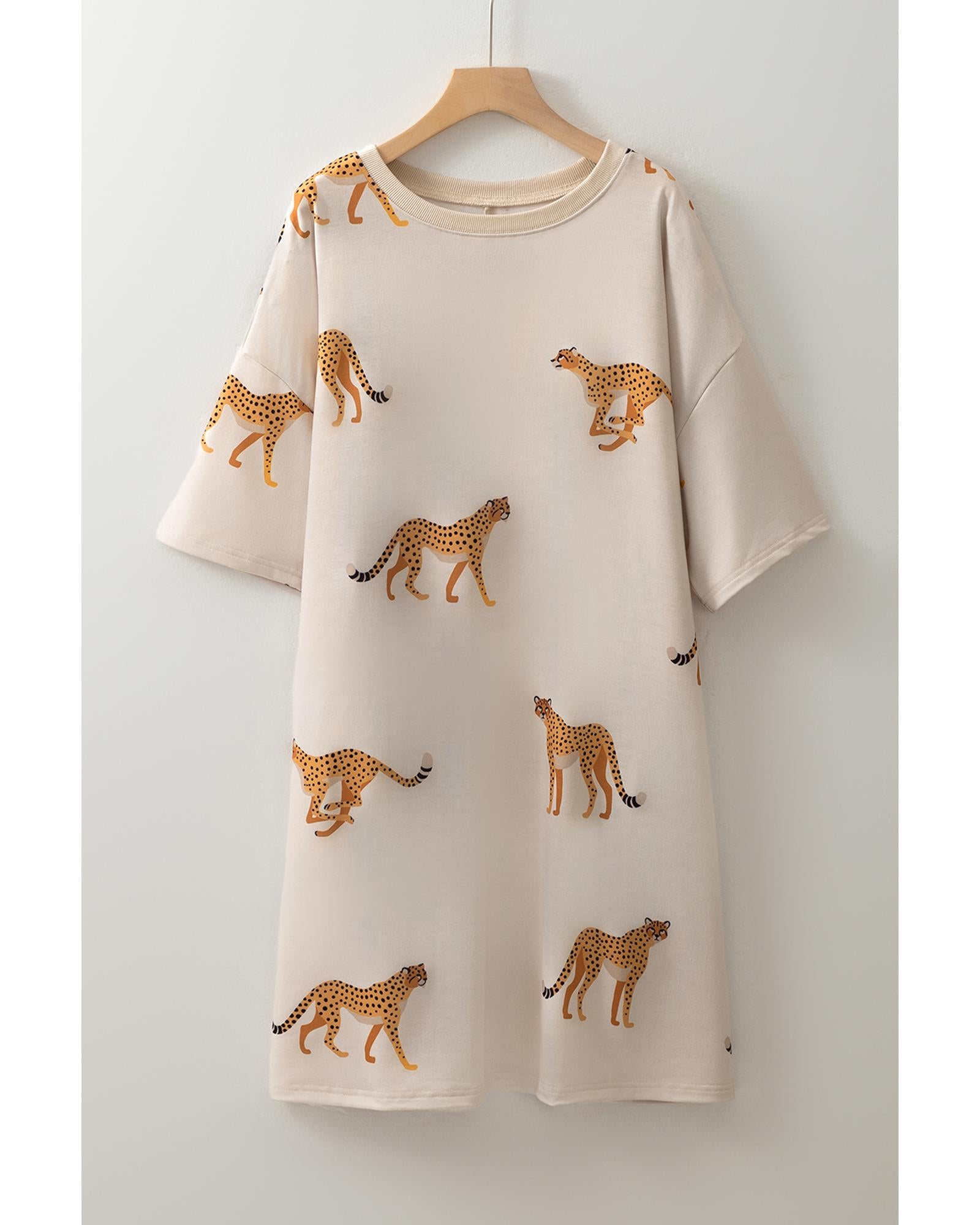 Apricot Plus Size Cheetah Print Side Pockets T Shirt Mini Dress - 3X