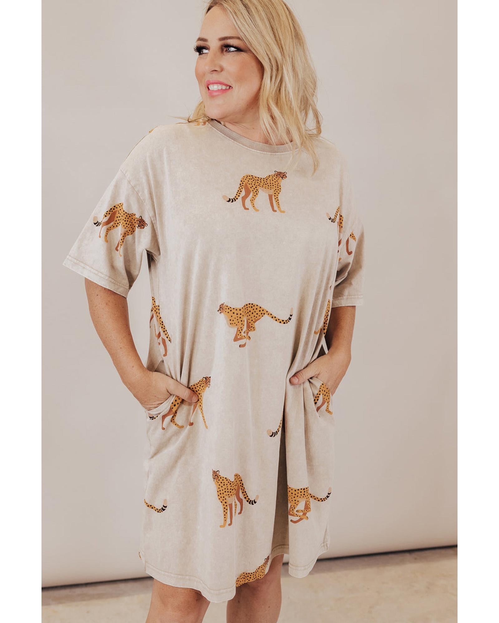 Apricot Plus Size Cheetah Print Side Pockets T Shirt Mini Dress - 4X
