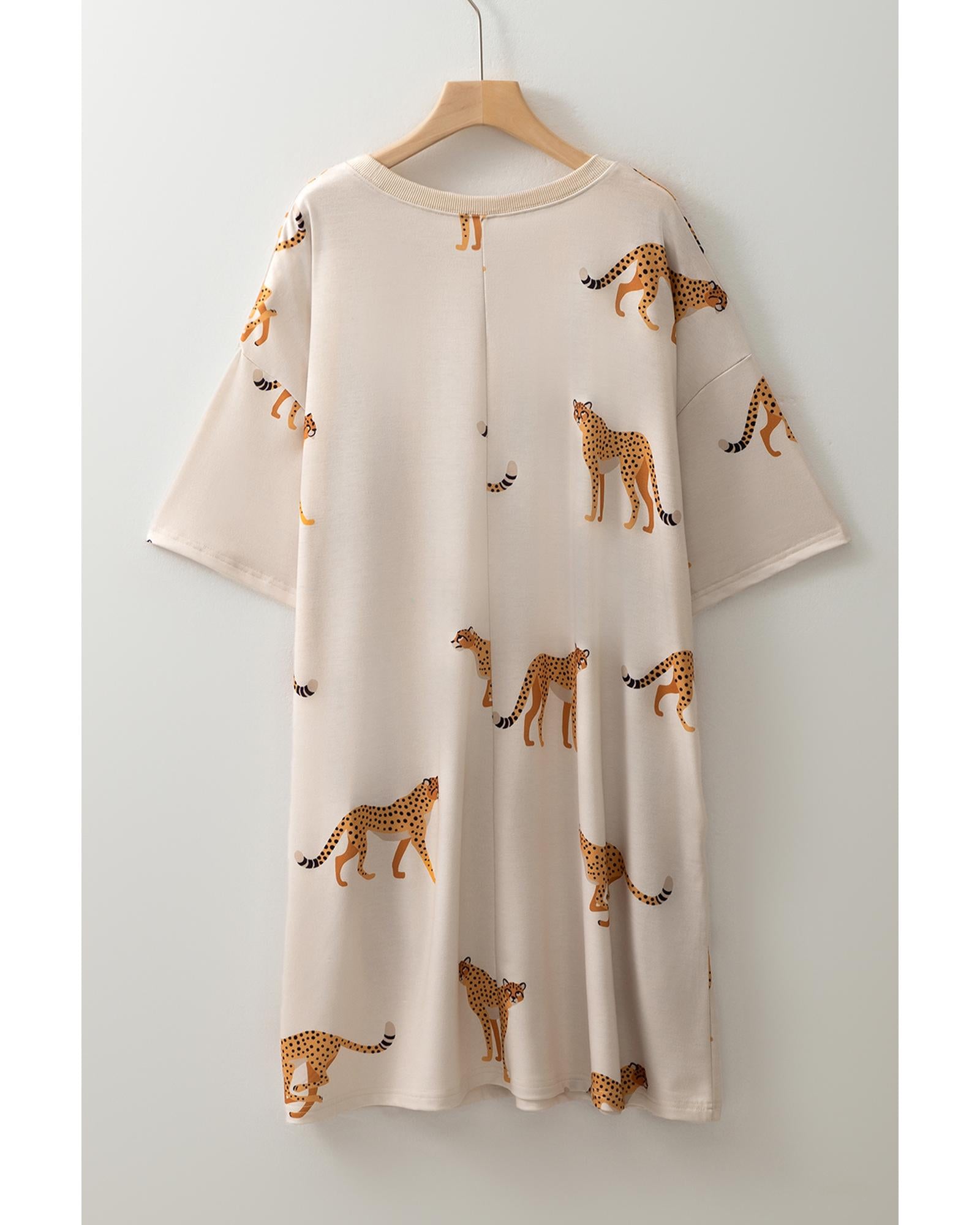 Apricot Plus Size Cheetah Print Side Pockets T Shirt Mini Dress - 4X