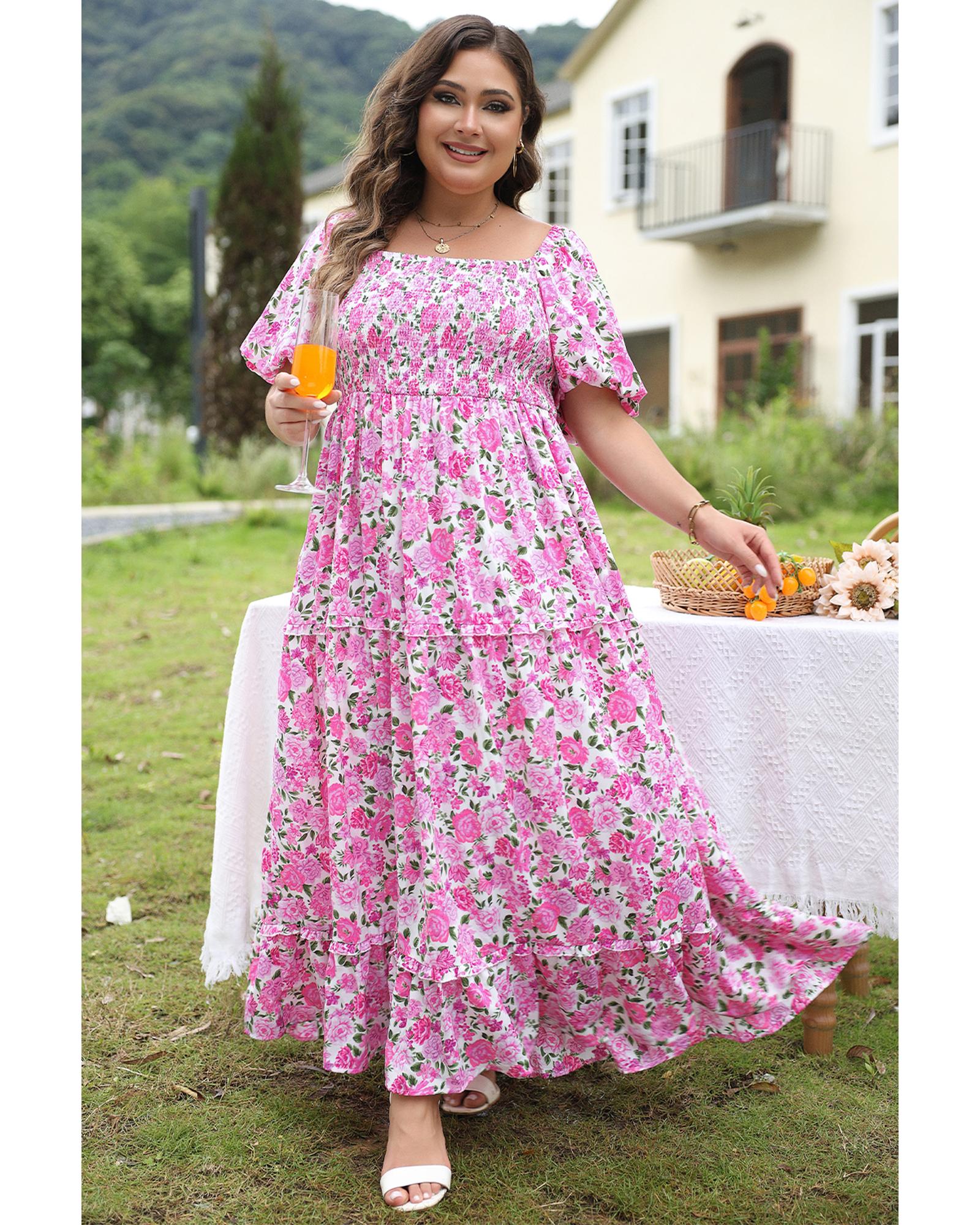 Pink Plus Size Floral Print Smocked Puff Sleeve Dress - 1X