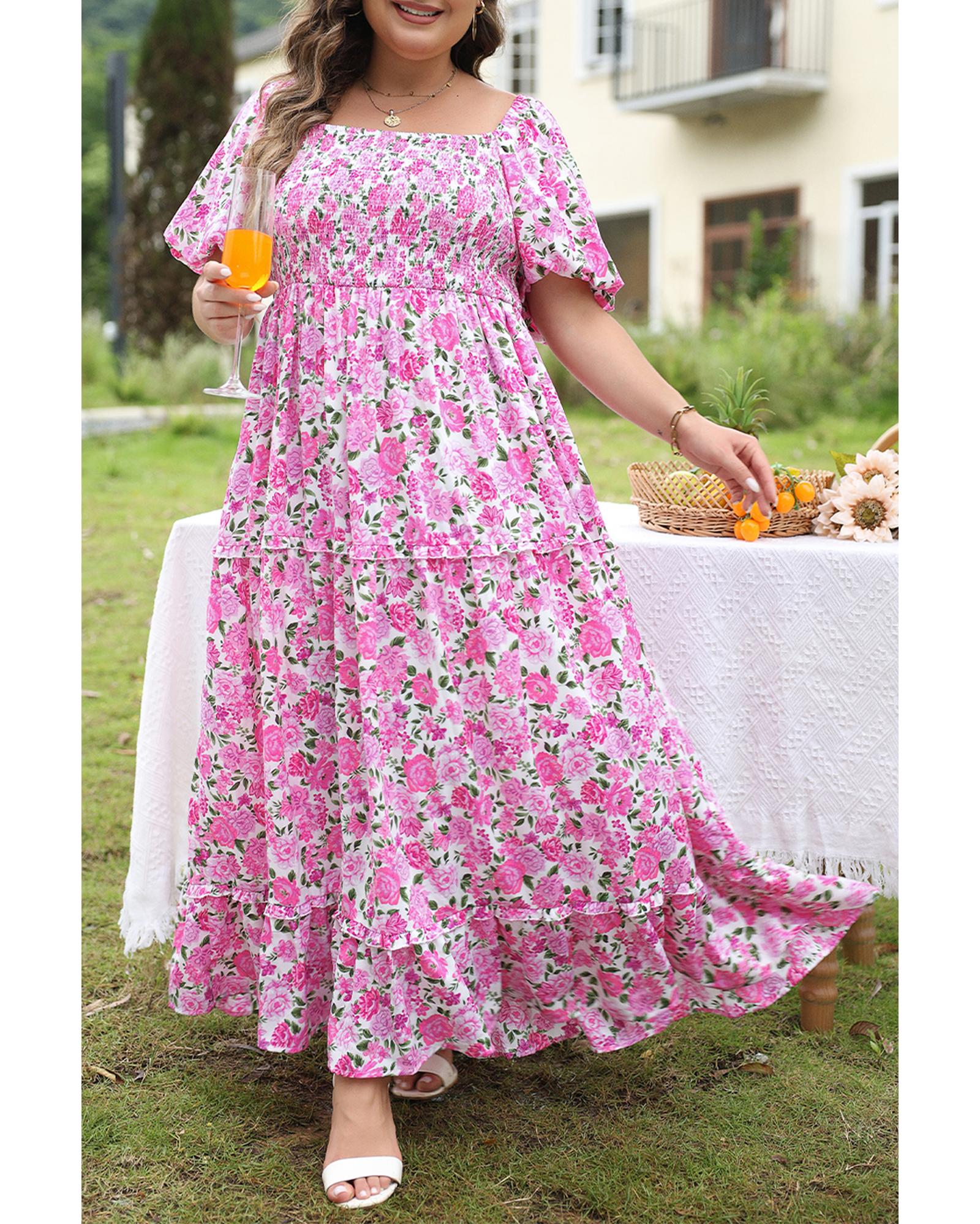 Pink Plus Size Floral Print Smocked Puff Sleeve Dress - 1X