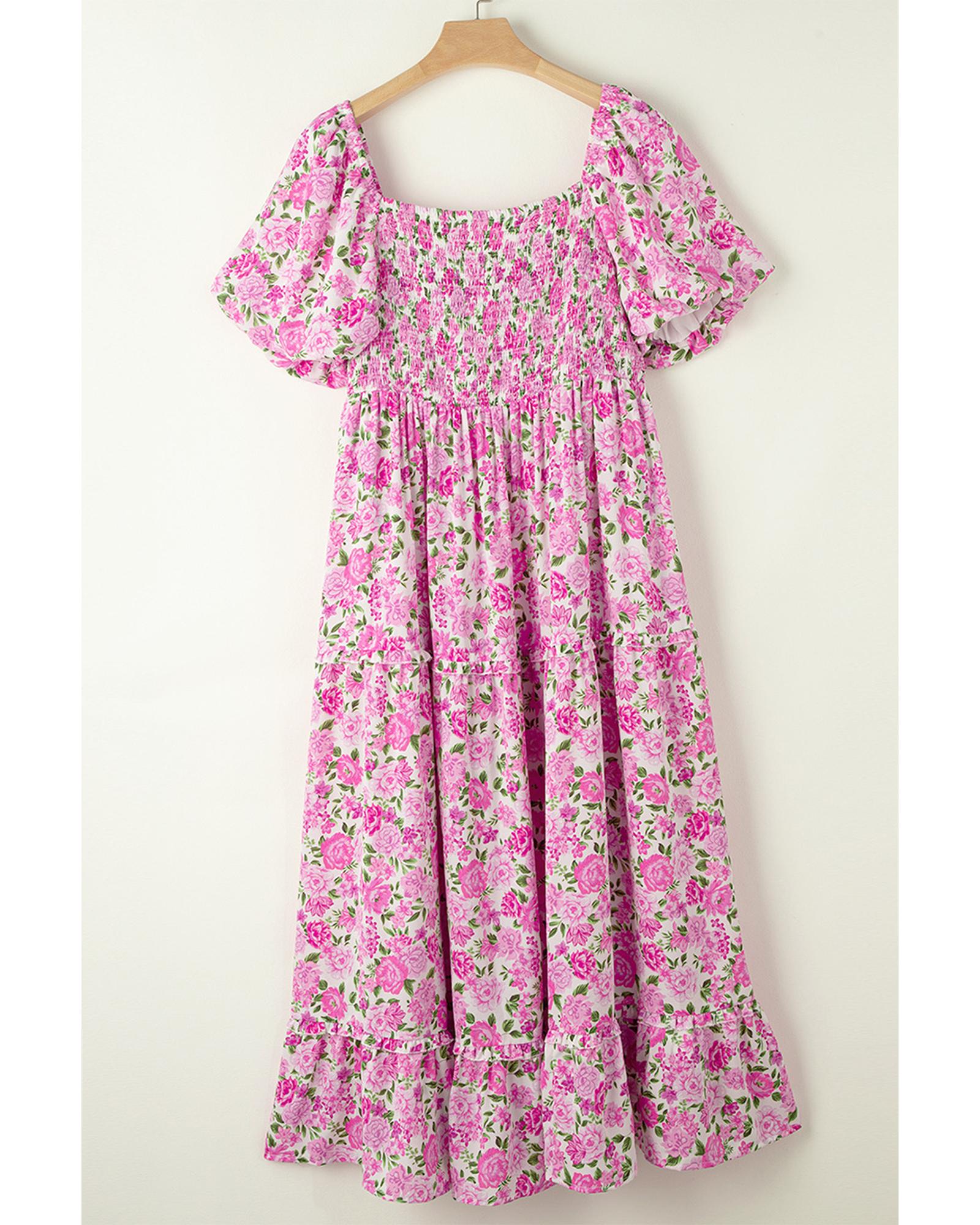 Pink Plus Size Floral Print Smocked Puff Sleeve Dress - 1X