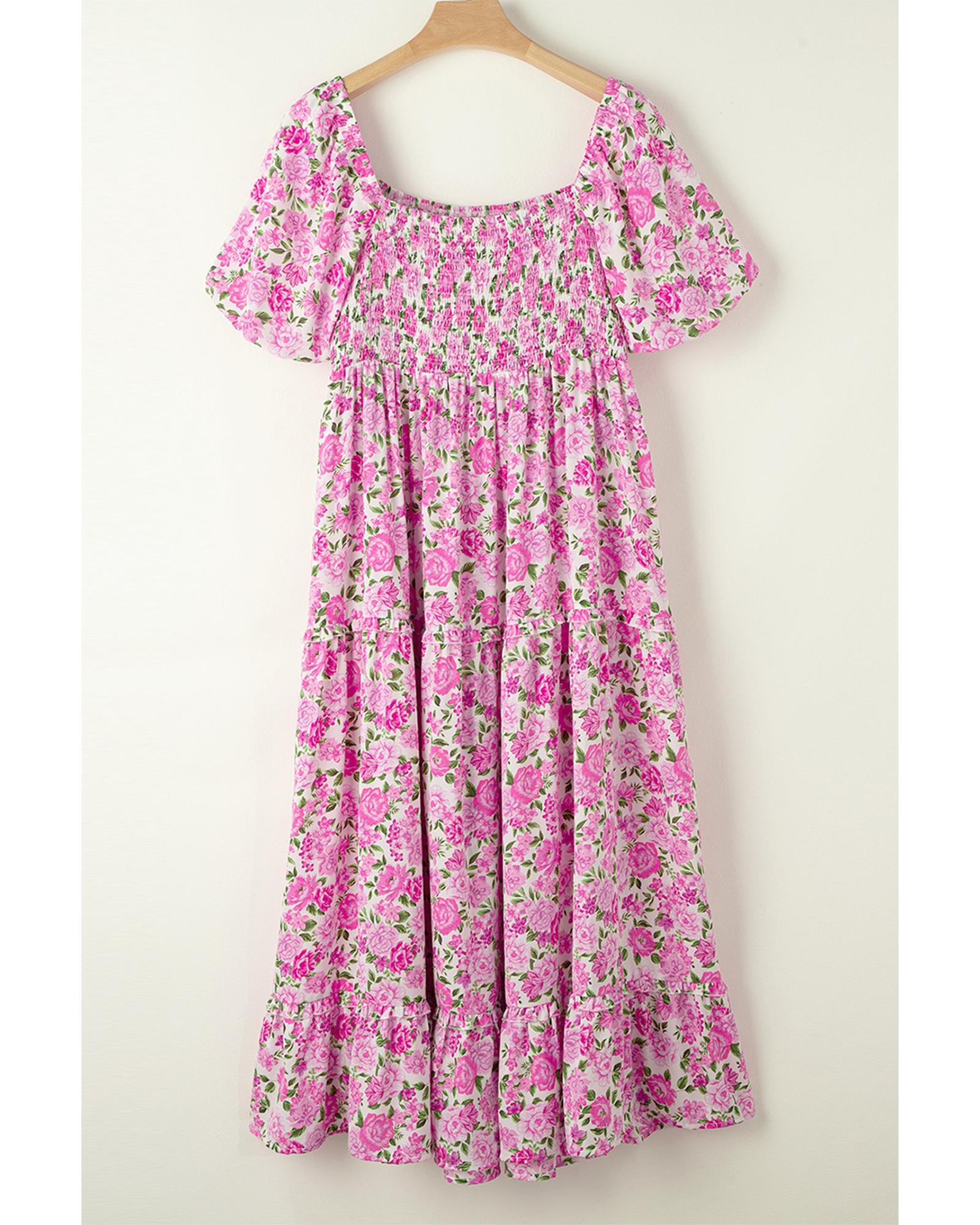 Pink Plus Size Floral Print Smocked Puff Sleeve Dress - 1X