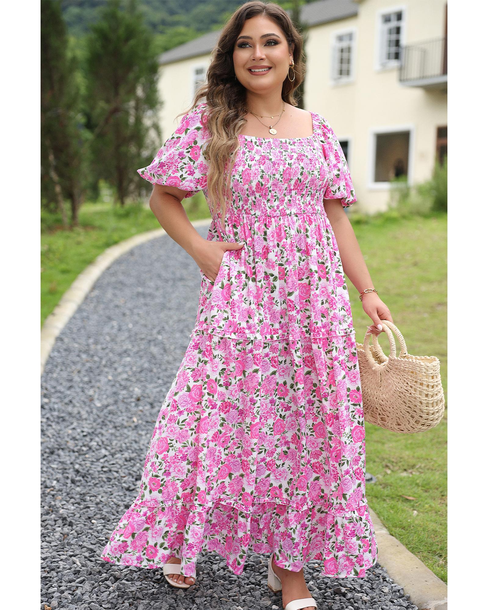 Pink Plus Size Floral Print Smocked Puff Sleeve Dress - 2X