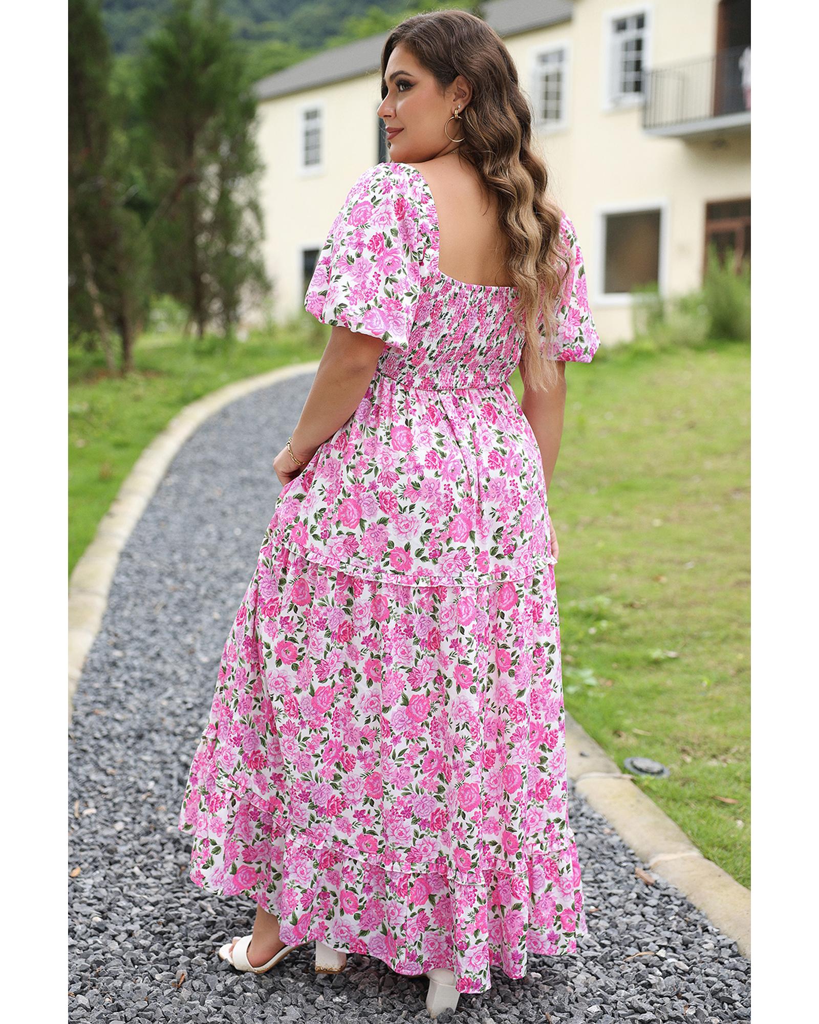 Pink Plus Size Floral Print Smocked Puff Sleeve Dress - 2X