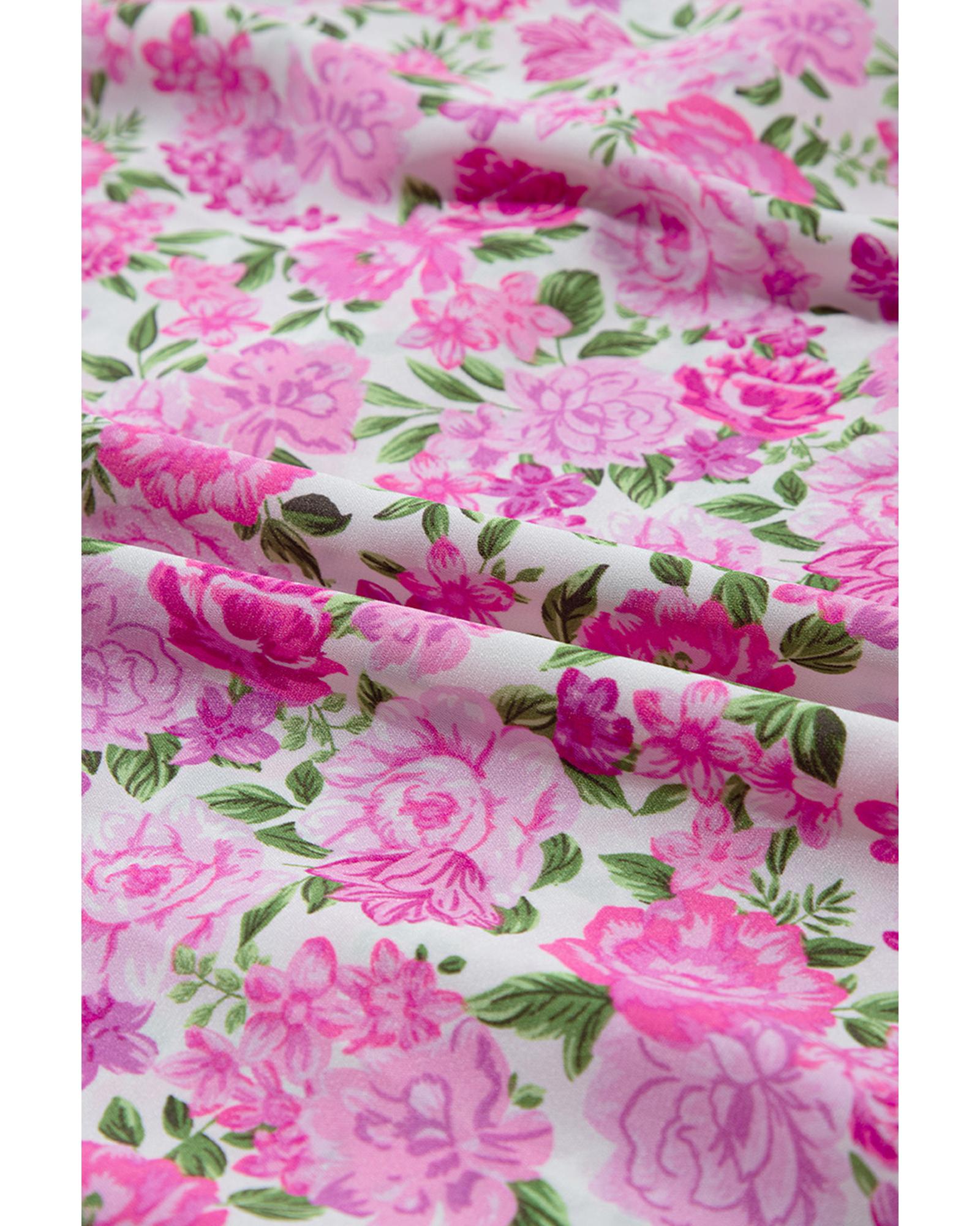 Pink Plus Size Floral Print Smocked Puff Sleeve Dress - 2X