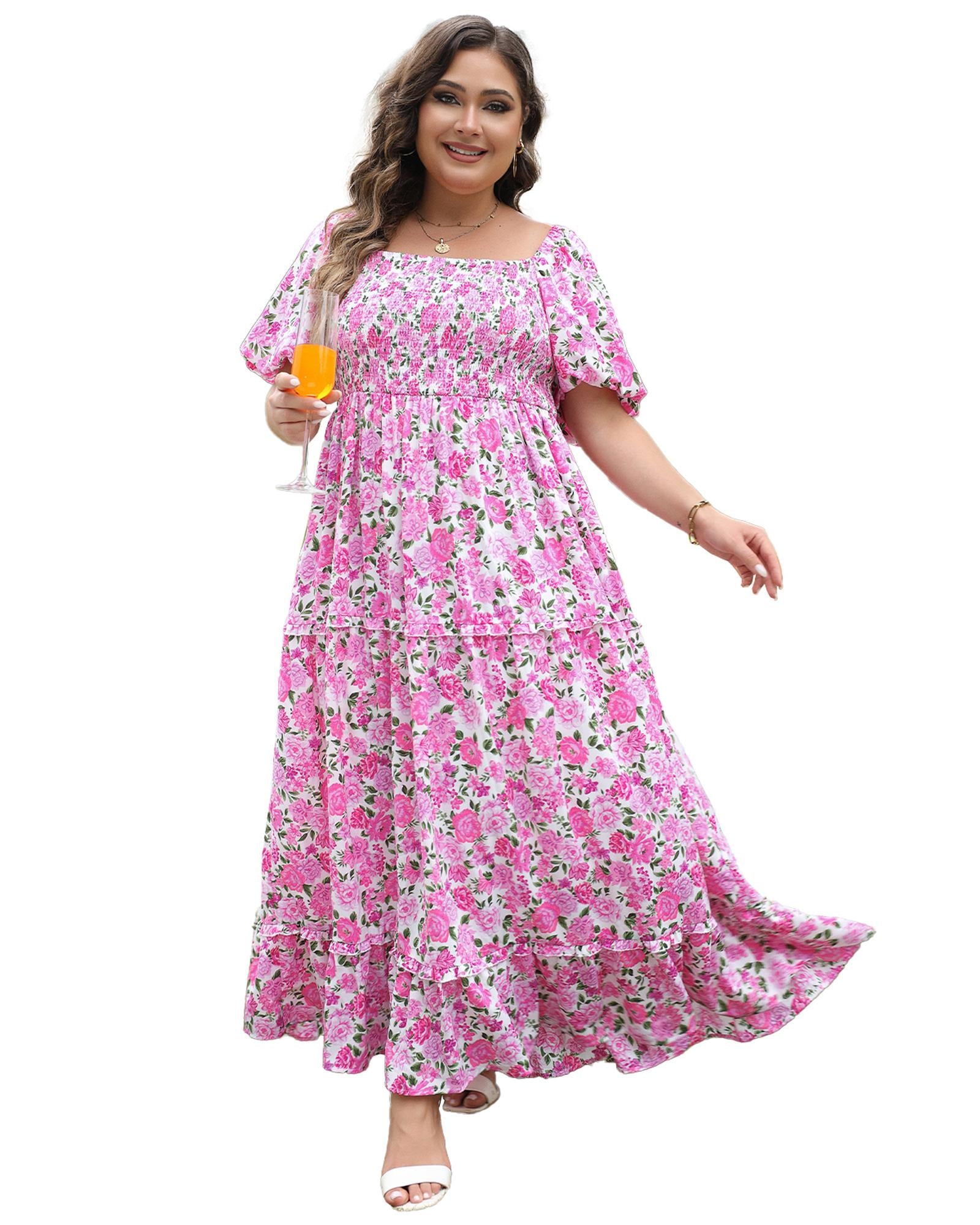 Pink Plus Size Floral Print Smocked Puff Sleeve Dress - 2X