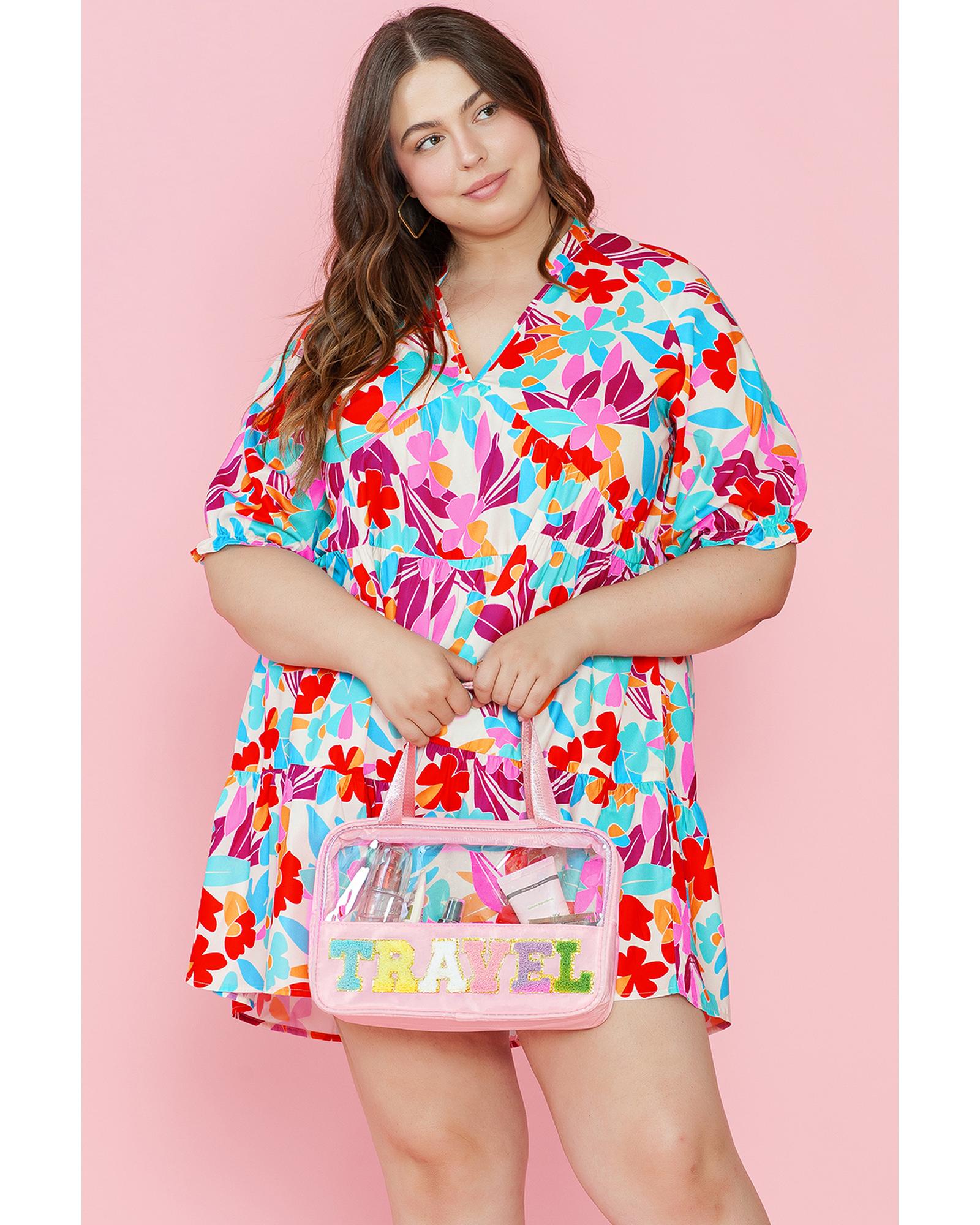 Multicolour Floral Tiered V Neck Plus Dress - 1X