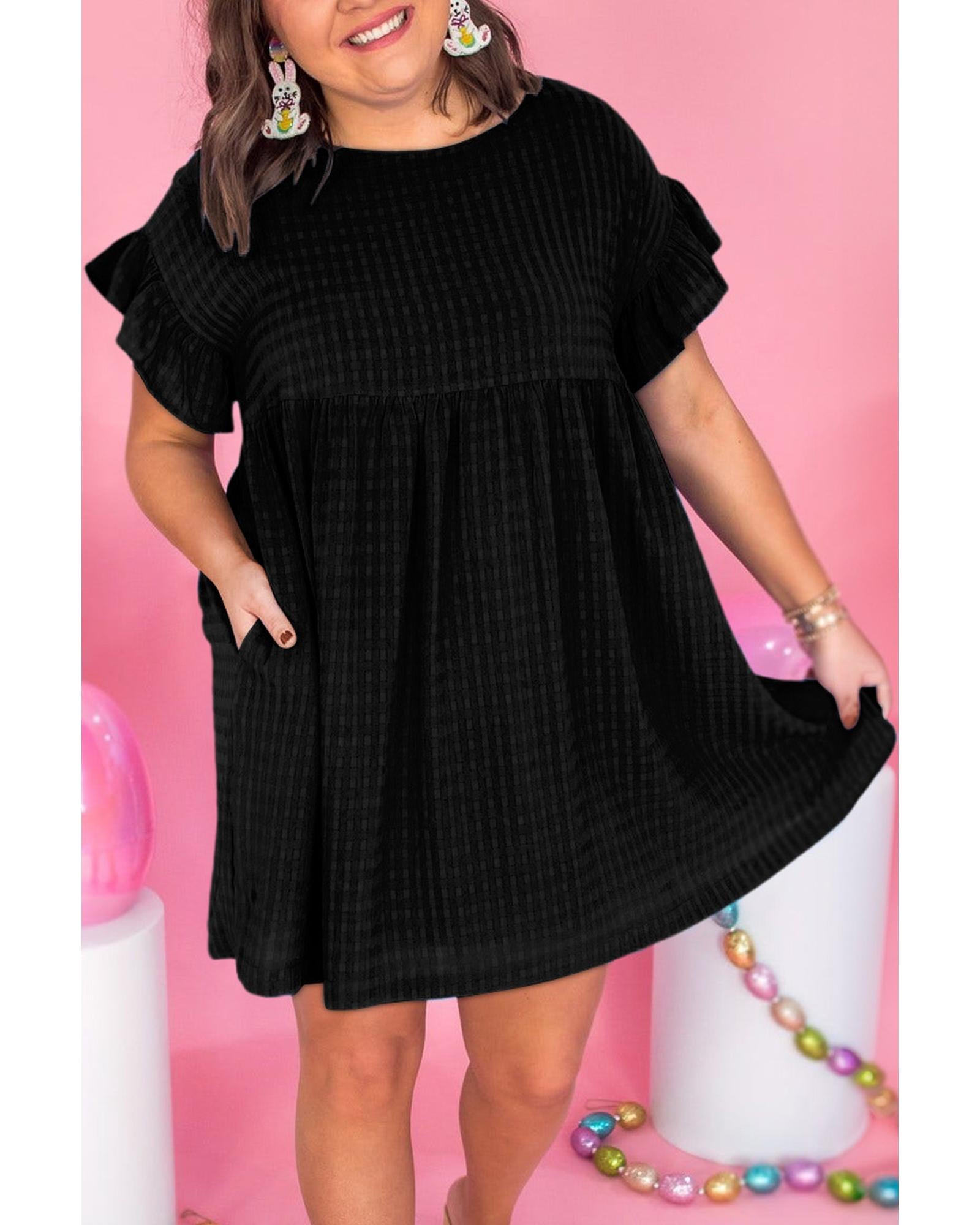 Black Textured Ruffled Sleeve Babydoll Plus Dress - 3X