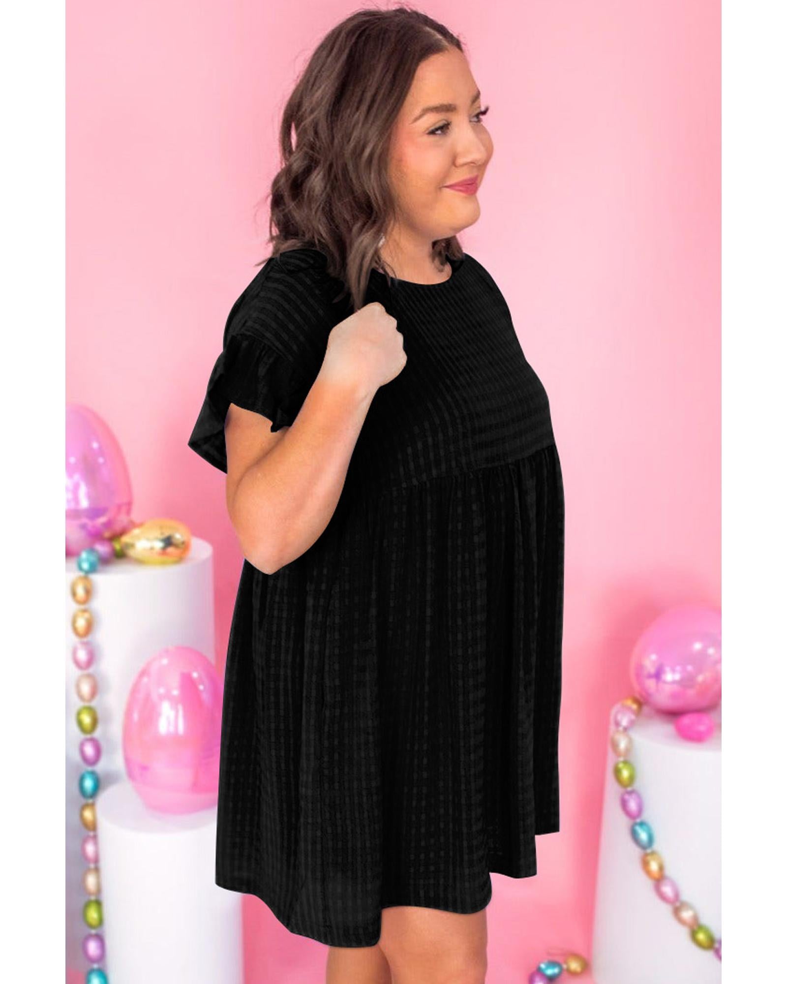 Black Textured Ruffled Sleeve Babydoll Plus Dress - 3X
