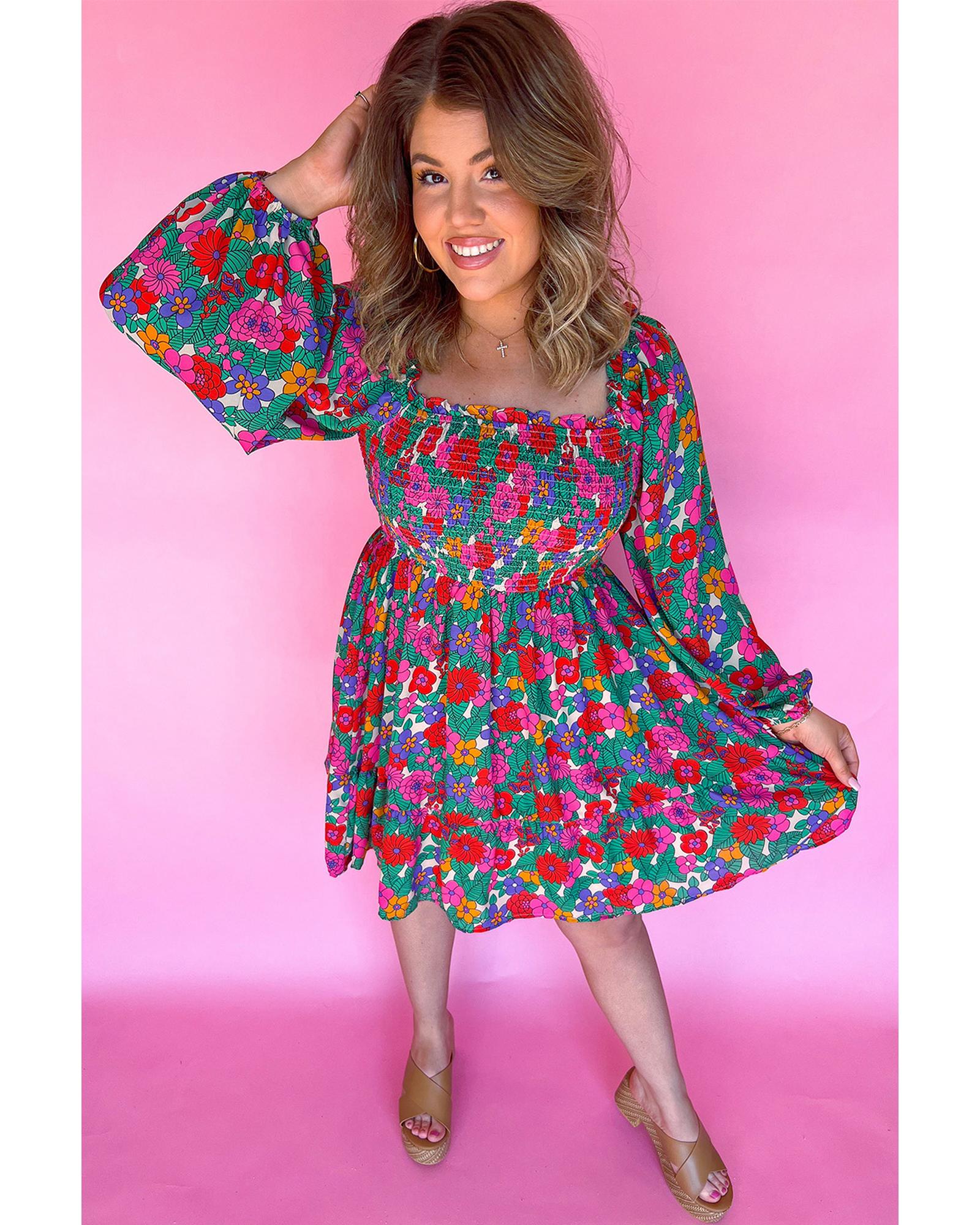 White Plus Size Floral Frilled Square Neck Shirred Long Sleeve Dress - 1X