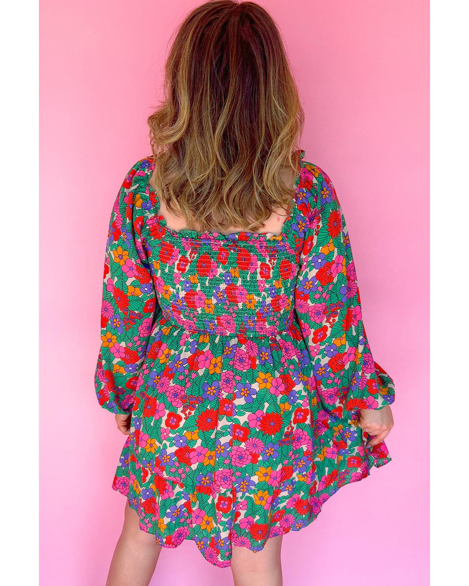 White Plus Size Floral Frilled Square Neck Shirred Long Sleeve Dress - 1X