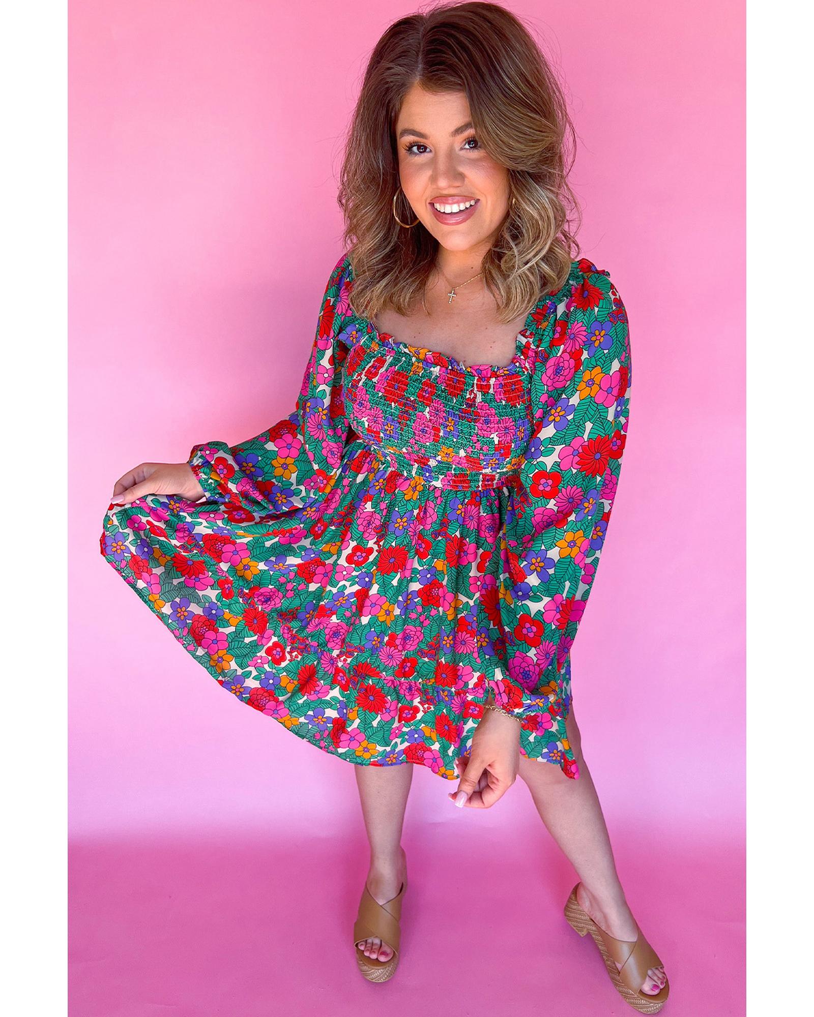 White Plus Size Floral Frilled Square Neck Shirred Long Sleeve Dress - 1X