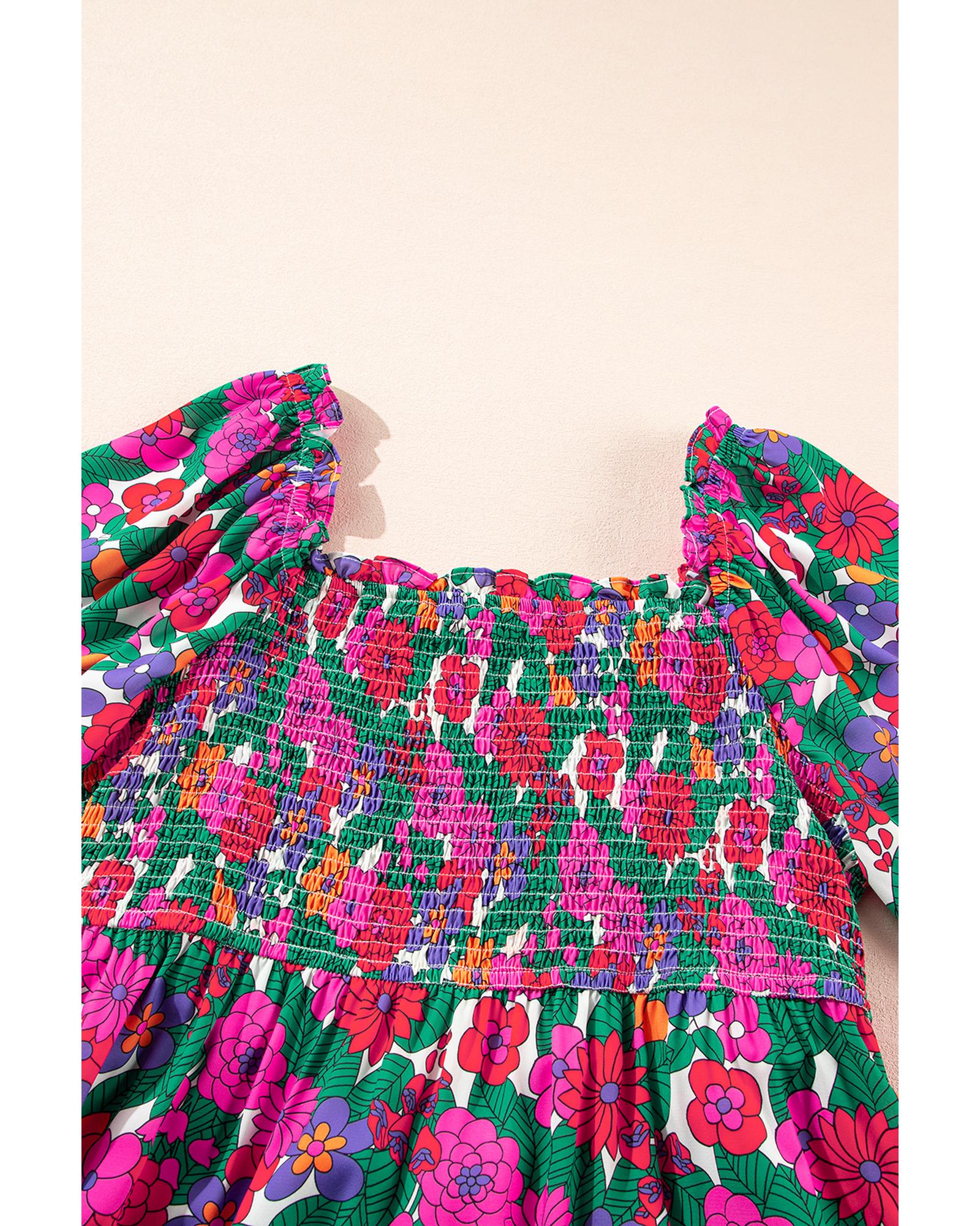 White Plus Size Floral Frilled Square Neck Shirred Long Sleeve Dress - 1X