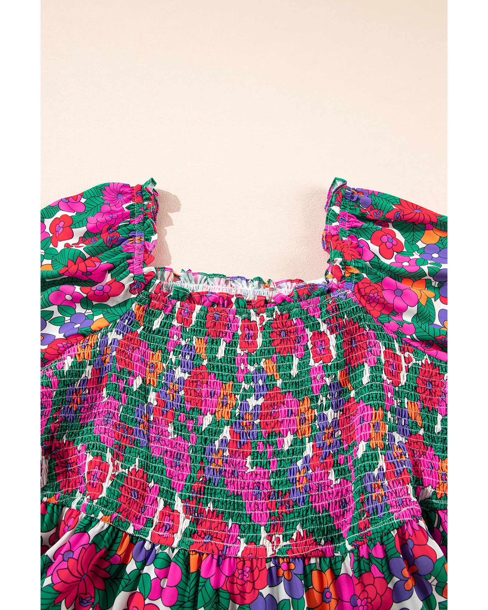 White Plus Size Floral Frilled Square Neck Shirred Long Sleeve Dress - 1X