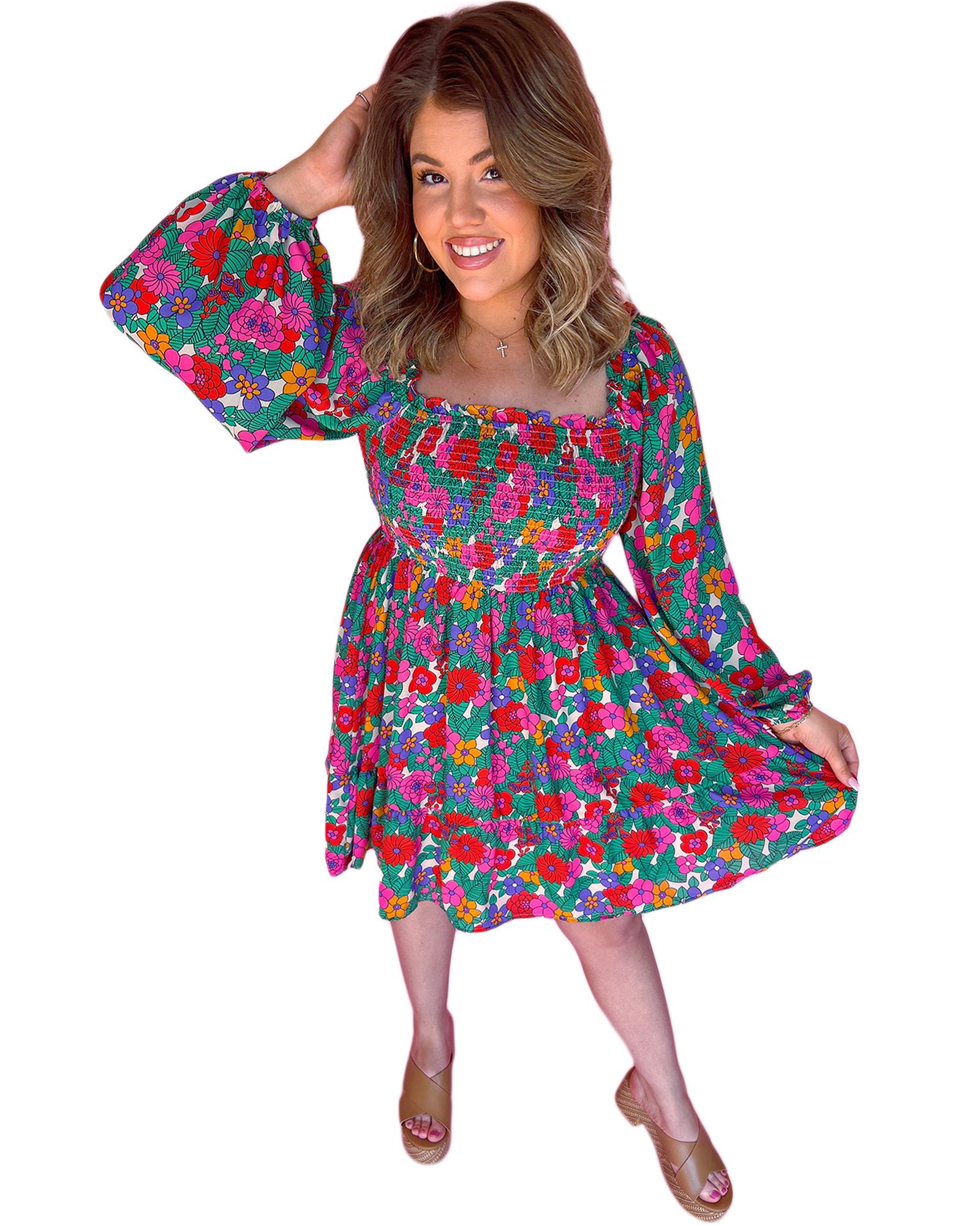 White Plus Size Floral Frilled Square Neck Shirred Long Sleeve Dress - 1X