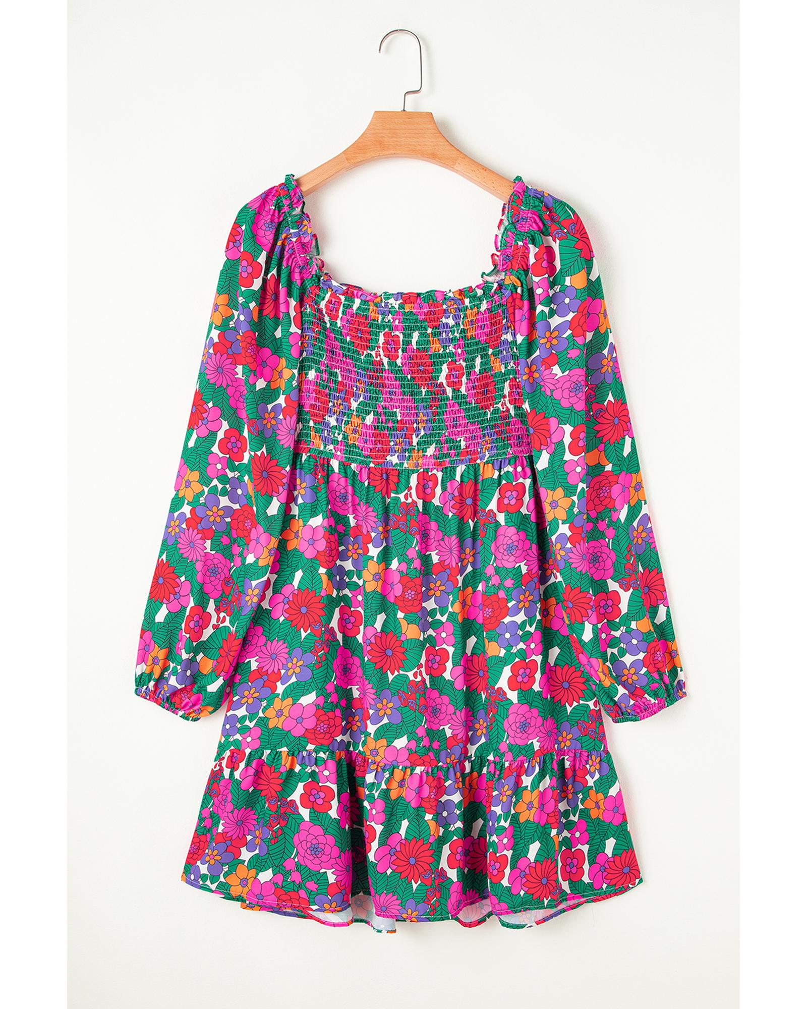 White Plus Size Floral Frilled Square Neck Shirred Long Sleeve Dress - 4X