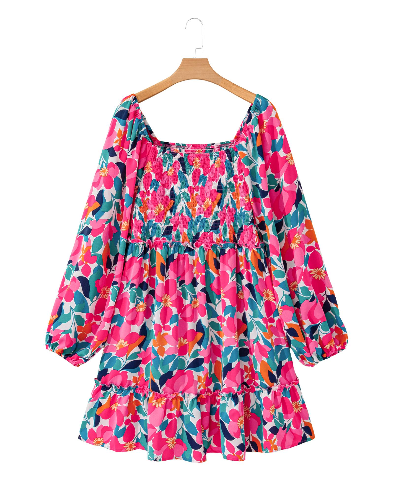 Rose Flower Print Smocked Square Neck Plus Size Dress - 2X