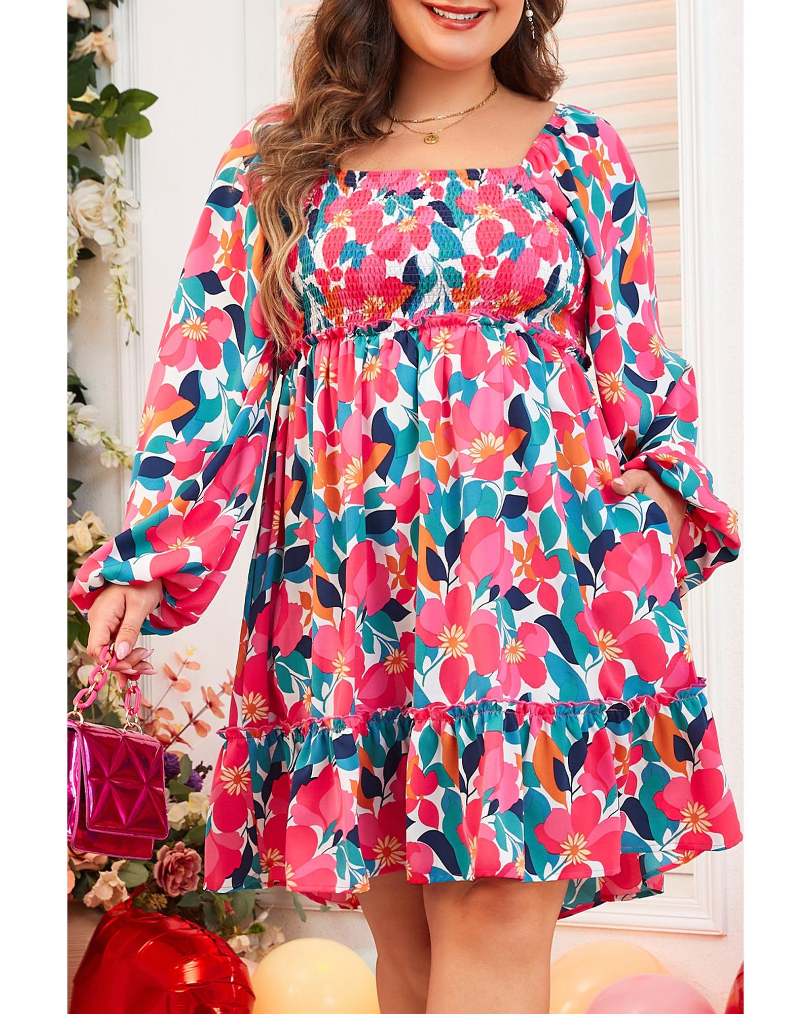 Rose Flower Print Smocked Square Neck Plus Size Dress - 3X