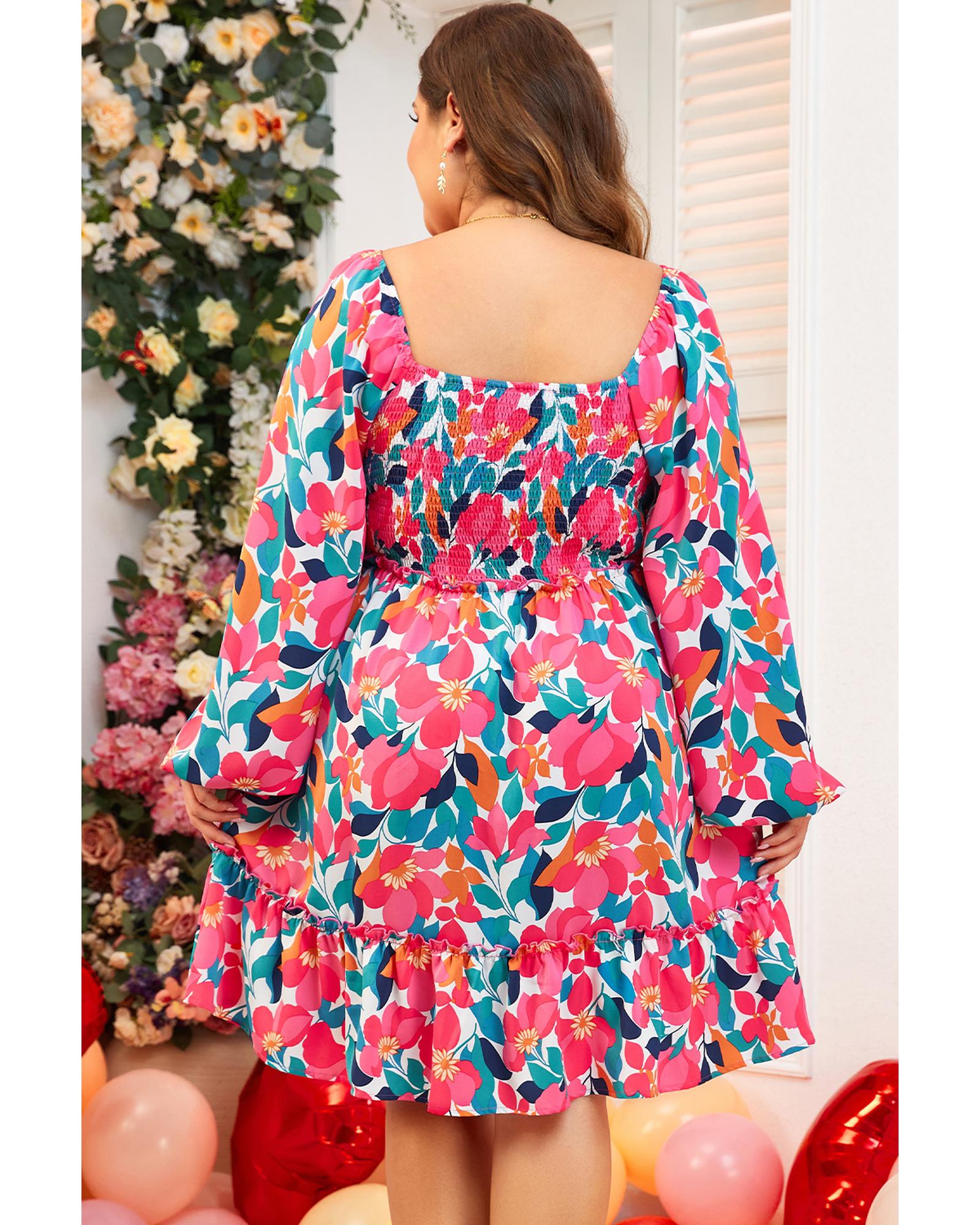 Rose Flower Print Smocked Square Neck Plus Size Dress - 3X