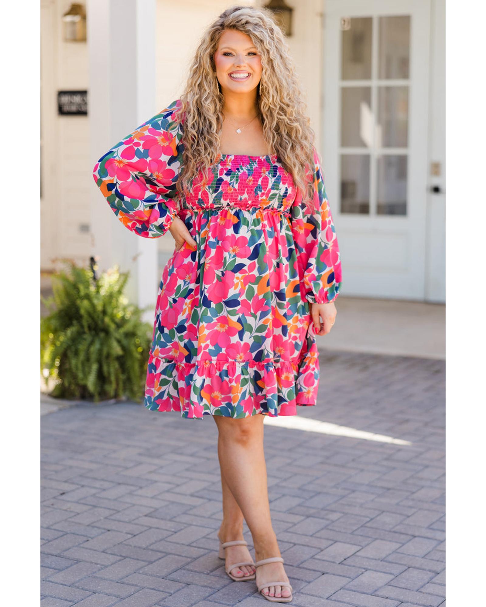 Rose Flower Print Smocked Square Neck Plus Size Dress - 3X