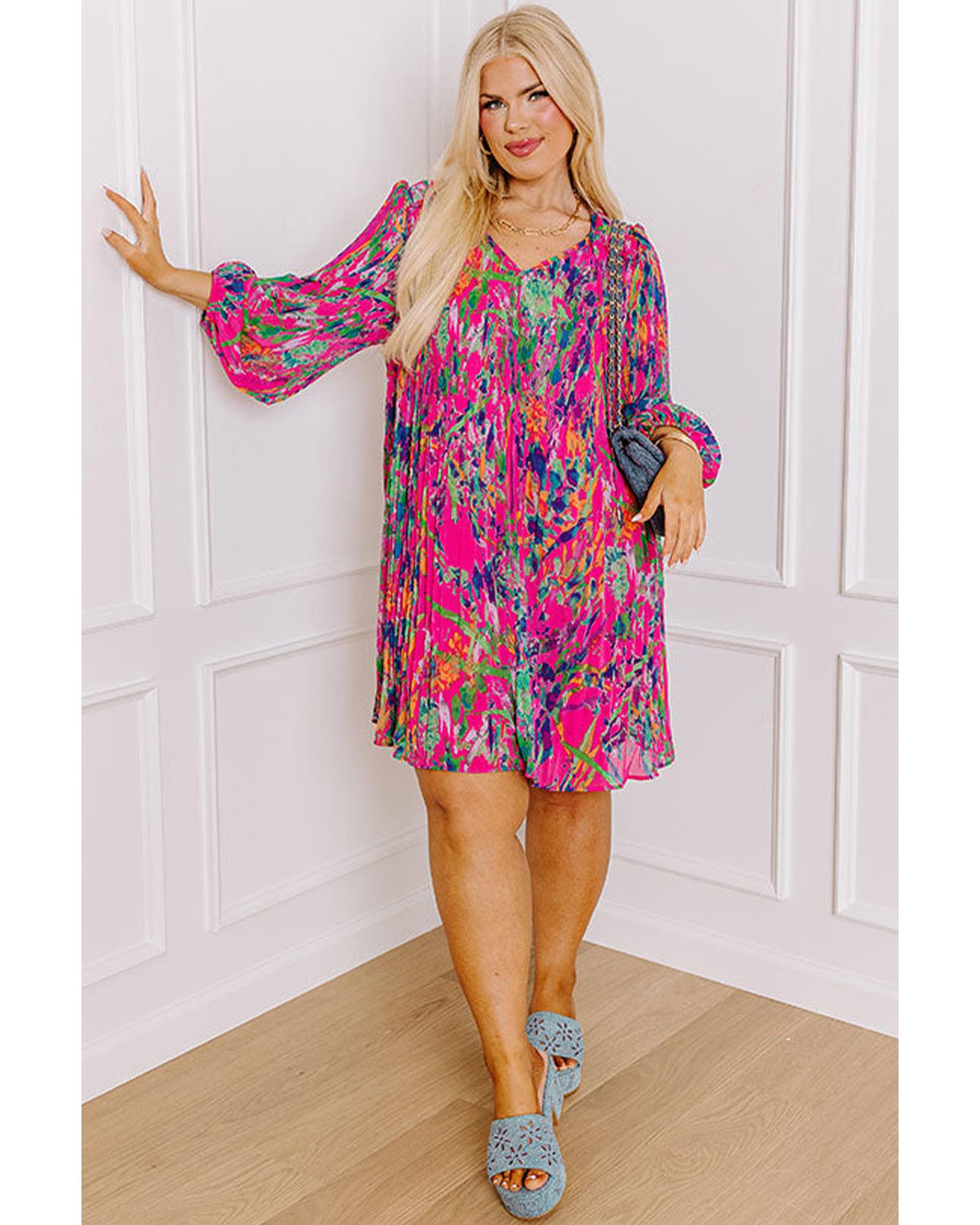 Rose Plus Size Abstract Floral Print Pleated Loose Dress - 1X