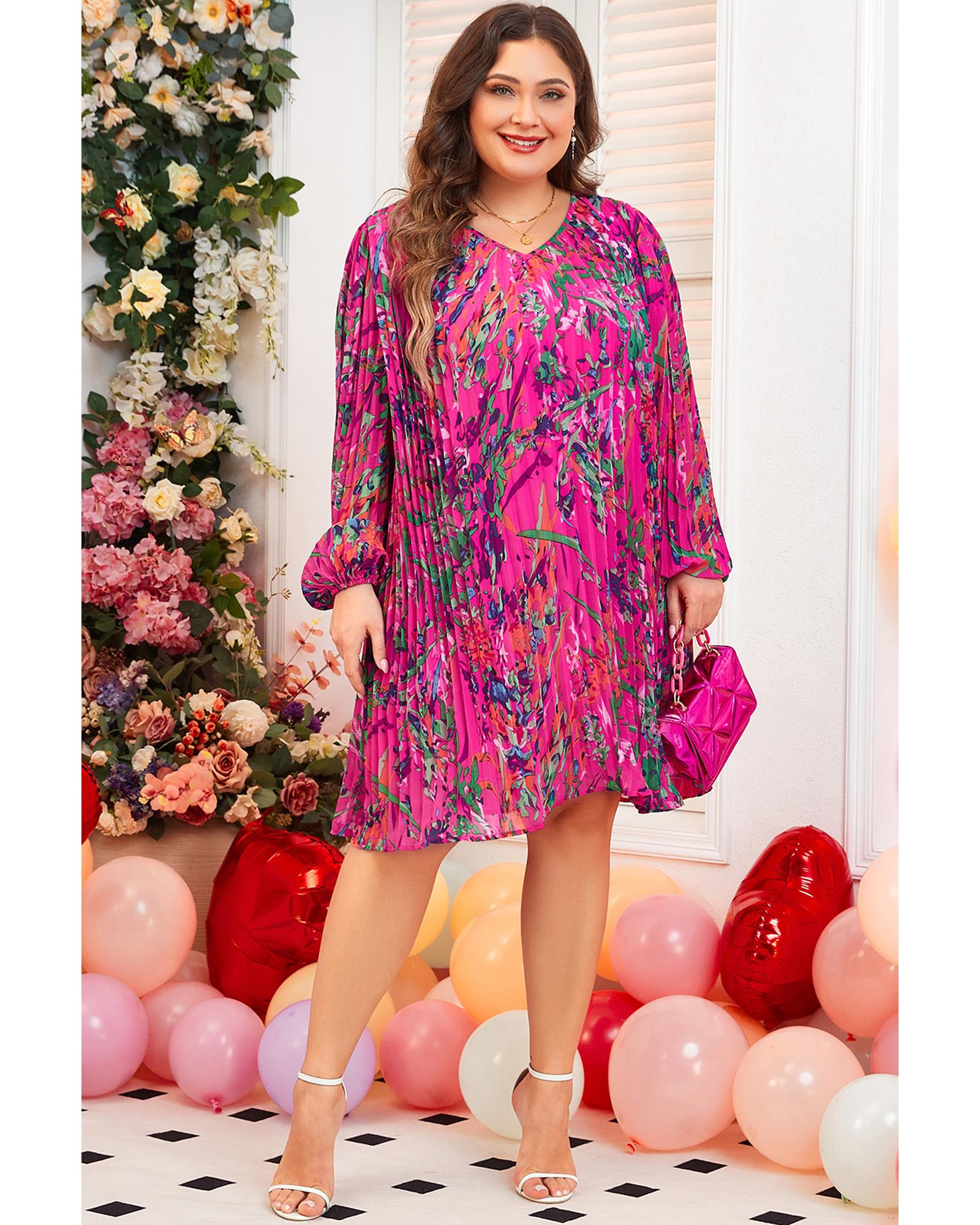 Rose Plus Size Abstract Floral Print Pleated Loose Dress - 1X