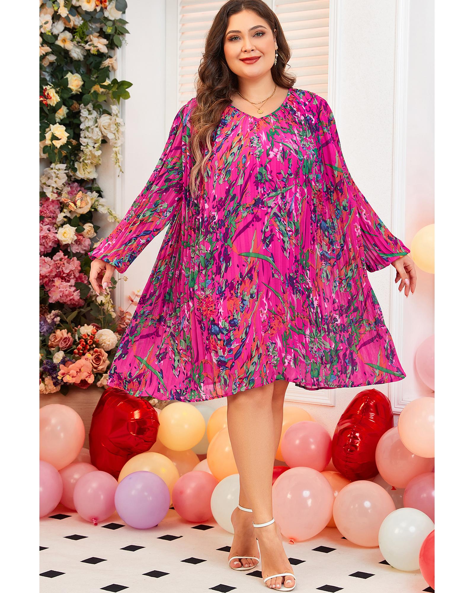 Rose Plus Size Abstract Floral Print Pleated Loose Dress - 2X
