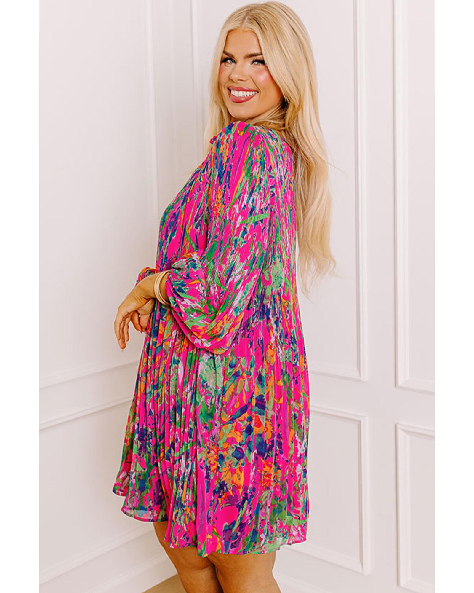 Rose Plus Size Abstract Floral Print Pleated Loose Dress - 2X