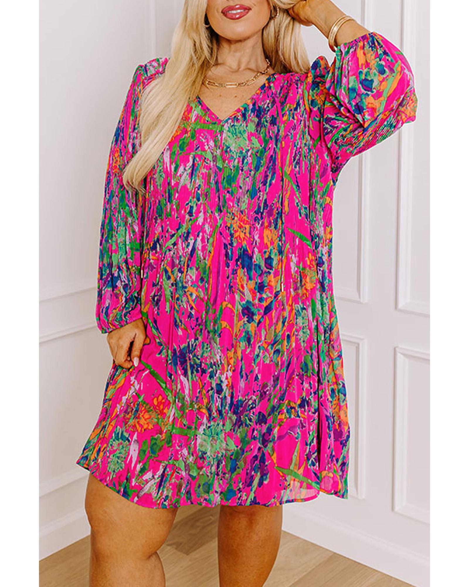 Rose Plus Size Abstract Floral Print Pleated Loose Dress - 2X