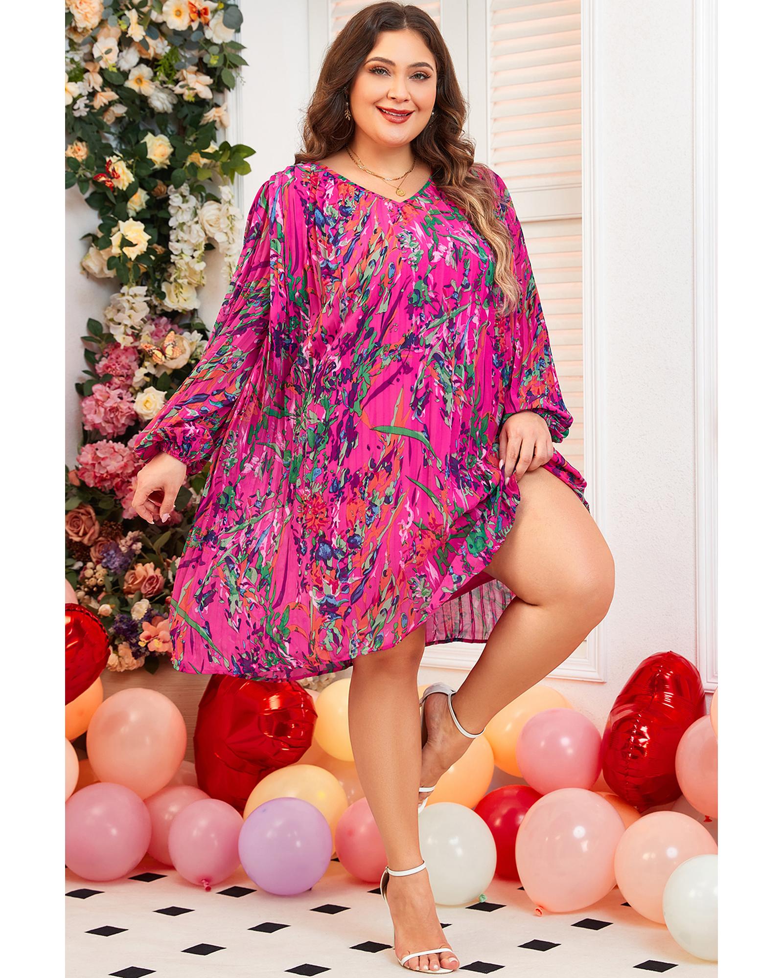 Rose Plus Size Abstract Floral Print Pleated Loose Dress - 3X