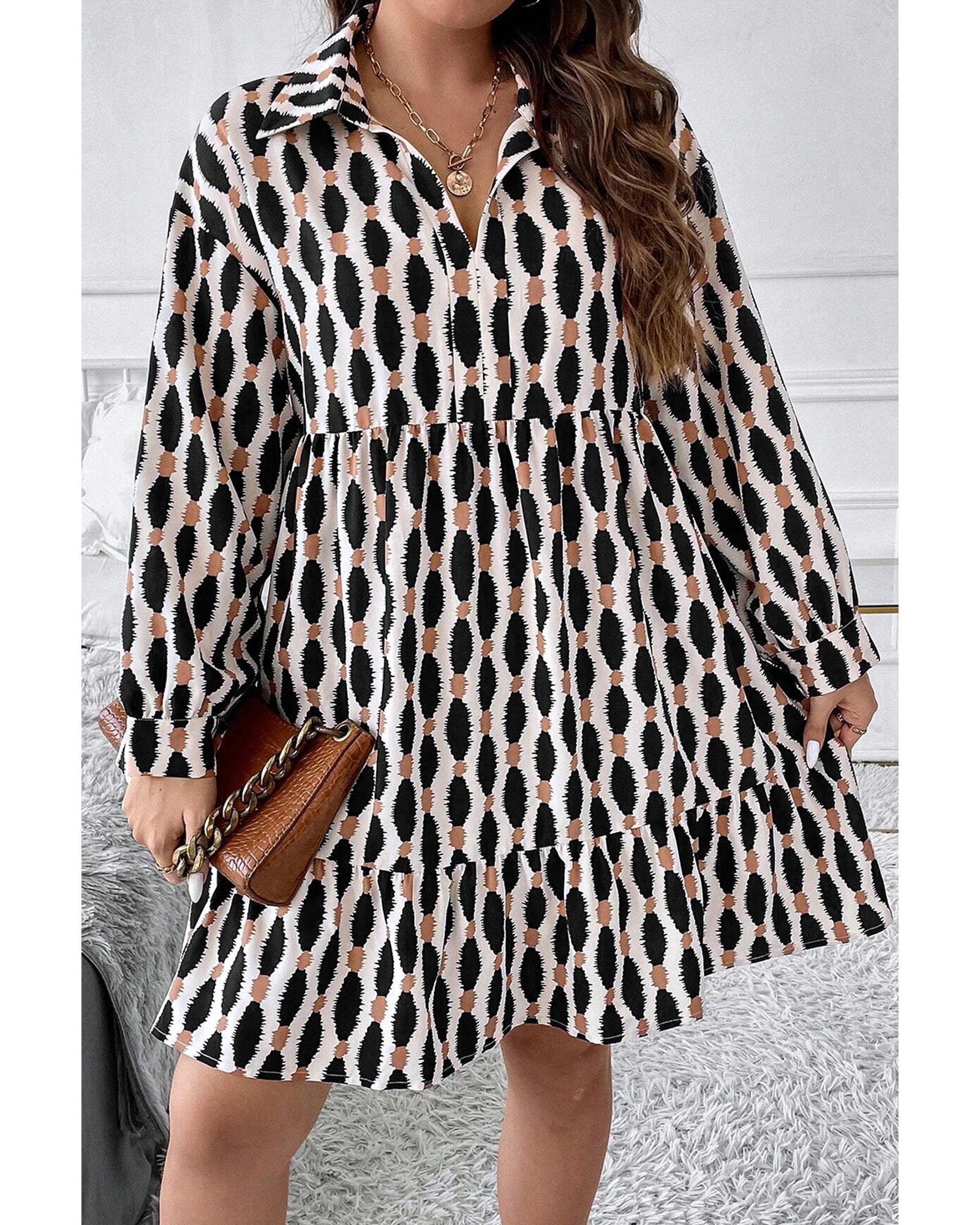 Apricot Geometric Print Collared V Neck Plus Size Mini Dress - 3X