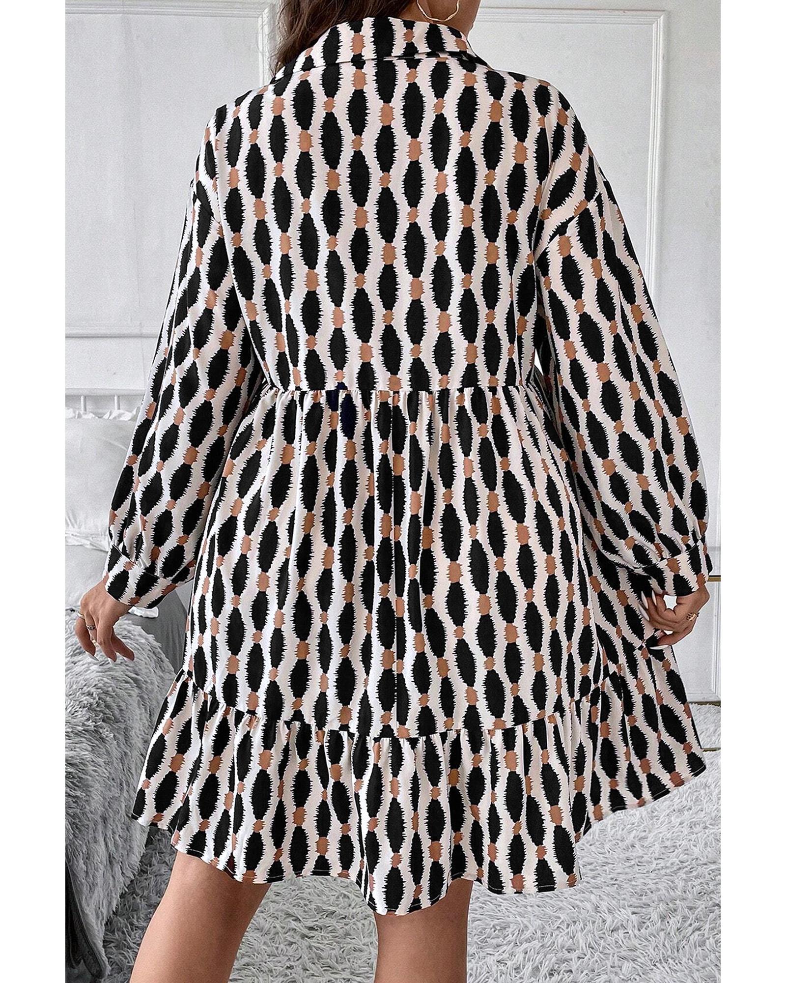 Apricot Geometric Print Collared V Neck Plus Size Mini Dress - 4X