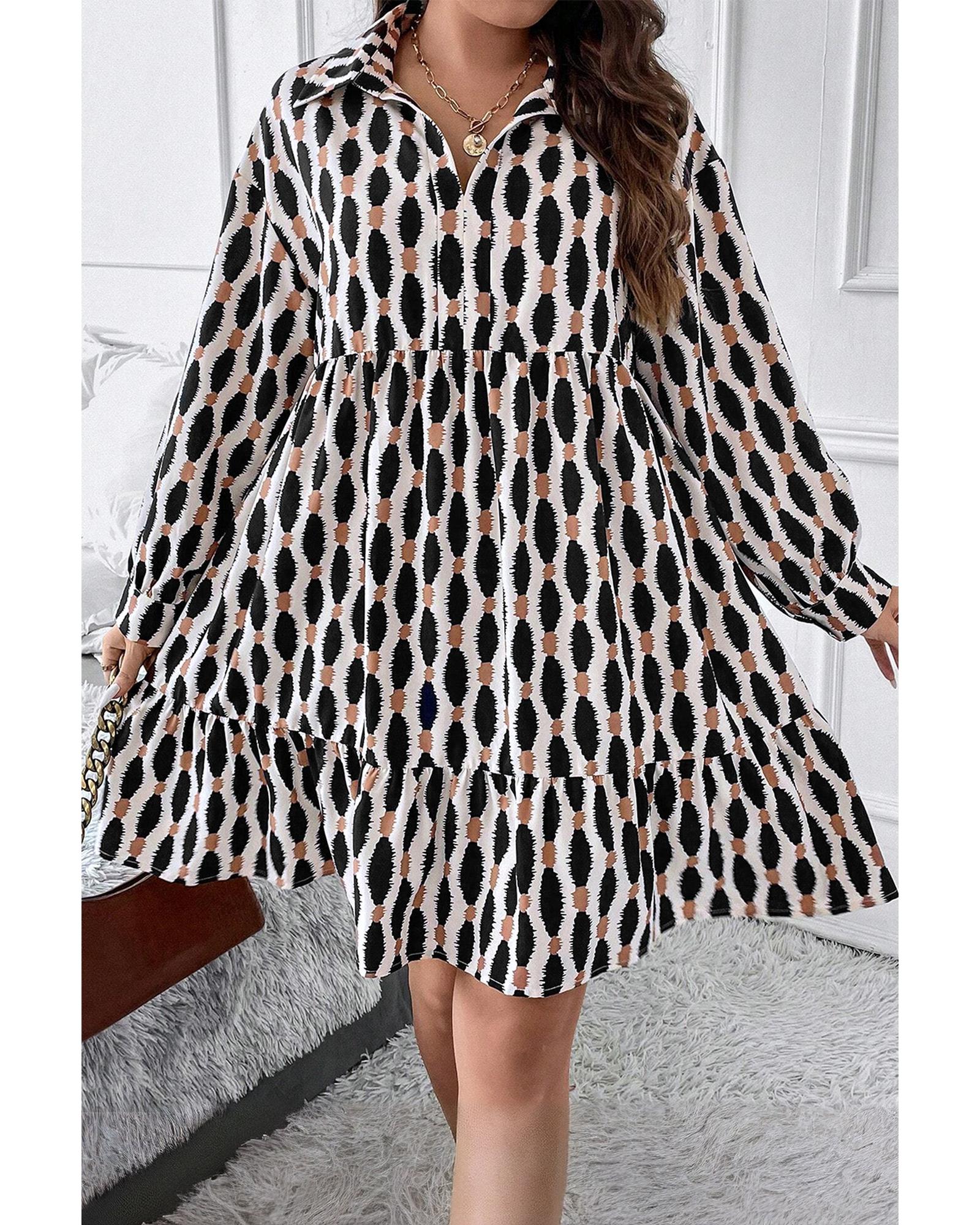 Apricot Geometric Print Collared V Neck Plus Size Mini Dress - 4X