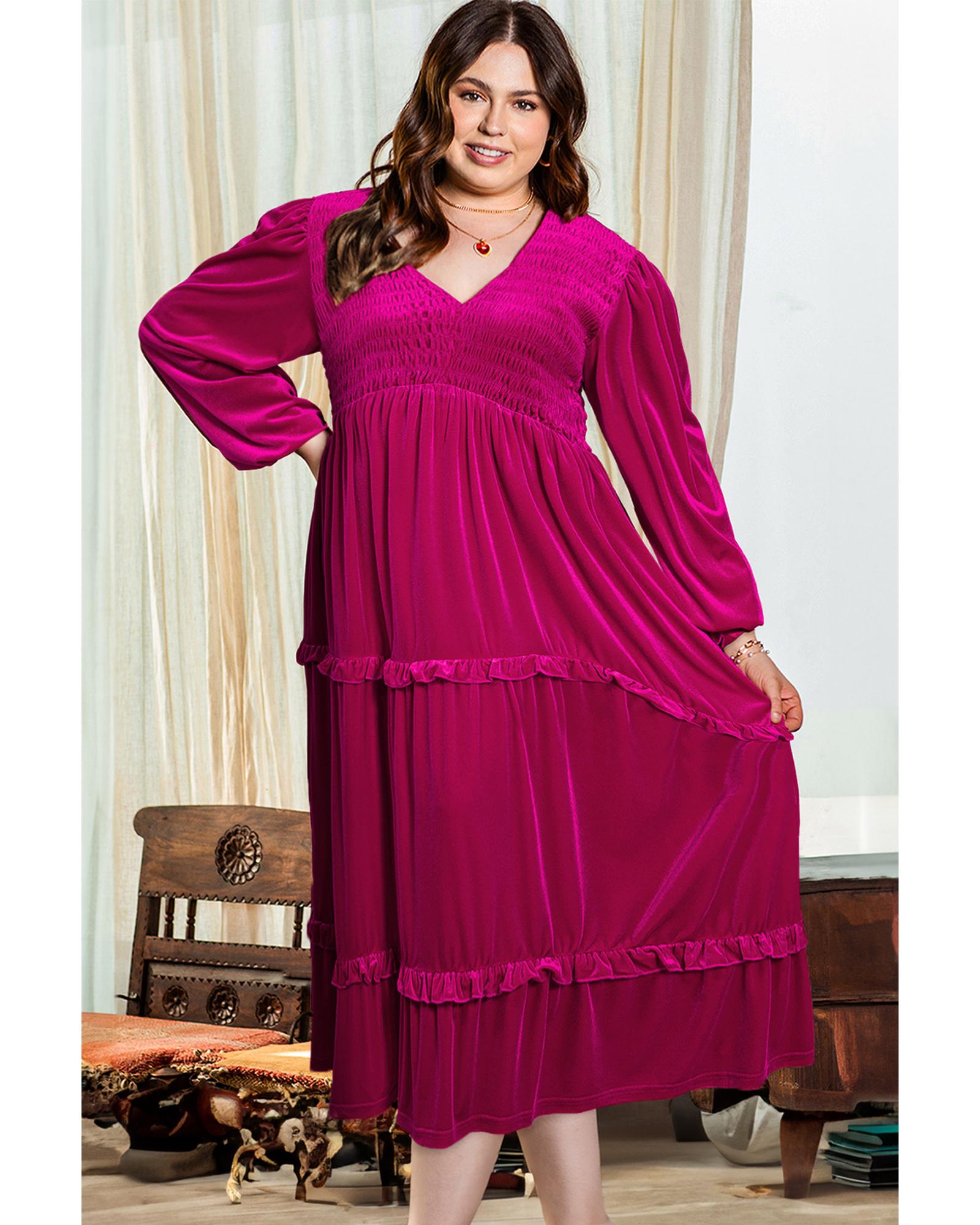 Rose Red Shirred V Neck Tiered Ruffled Velvet Plus Size Maxi Dress - 3X