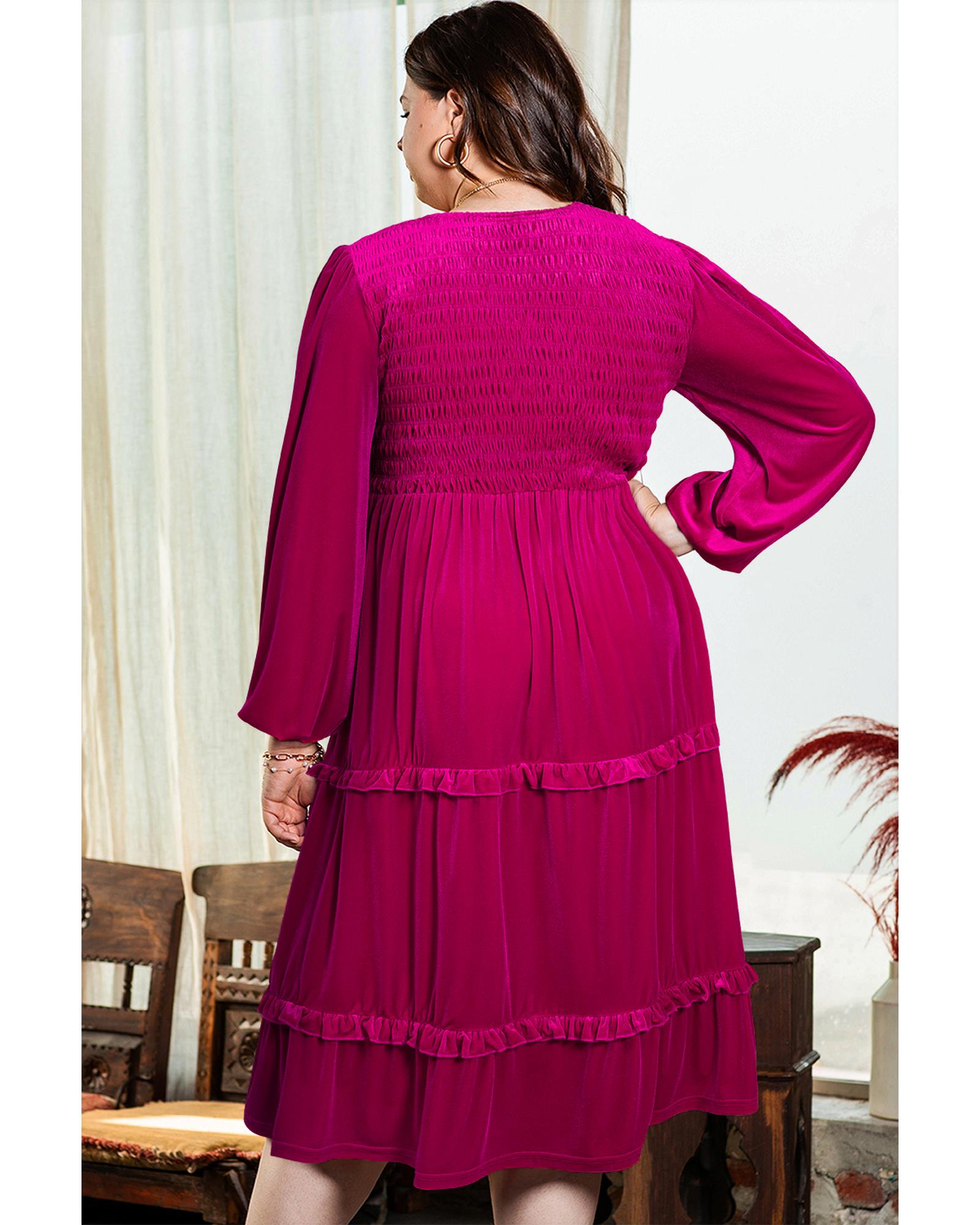 Rose Red Shirred V Neck Tiered Ruffled Velvet Plus Size Maxi Dress - 3X