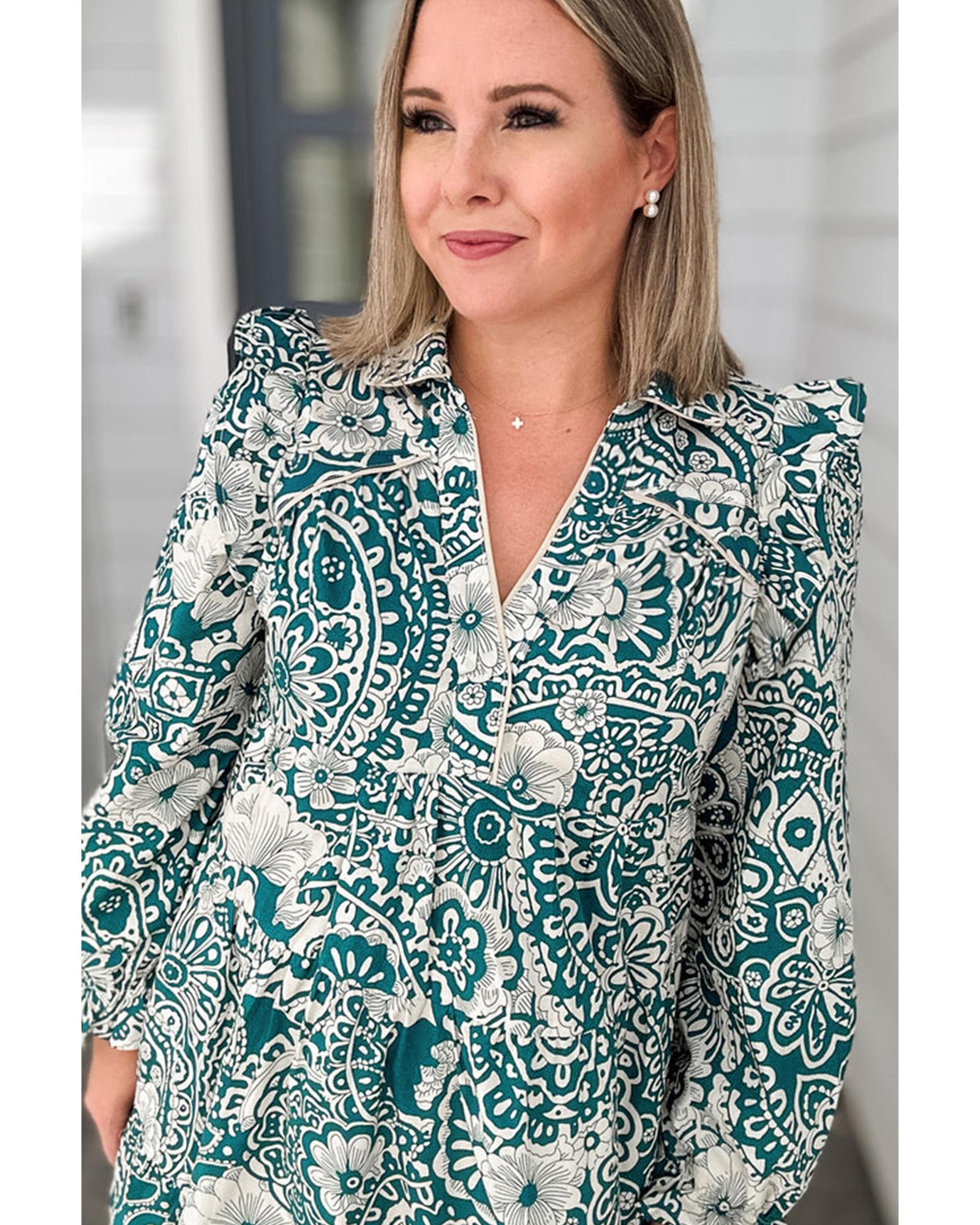 Green Floral Flounce Sleeve Split Neck Plus Size Dress - 4X