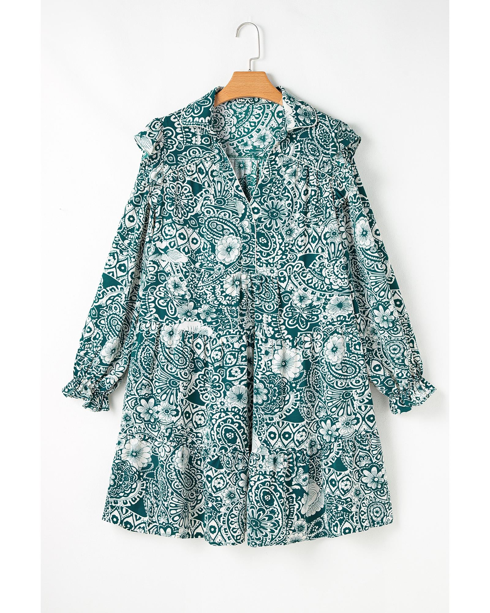 Green Floral Flounce Sleeve Split Neck Plus Size Dress - 4X