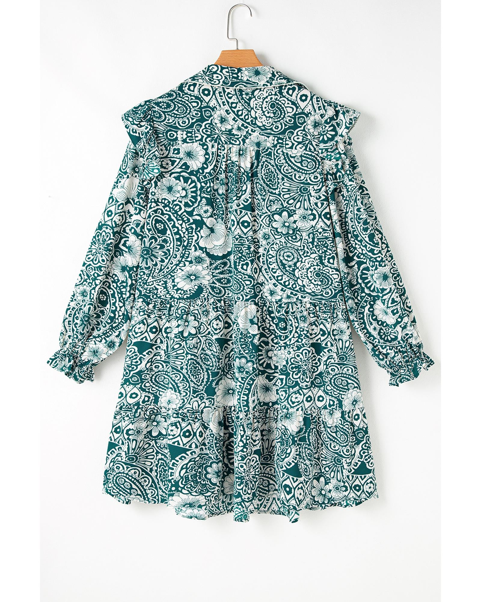 Green Floral Flounce Sleeve Split Neck Plus Size Dress - 4X