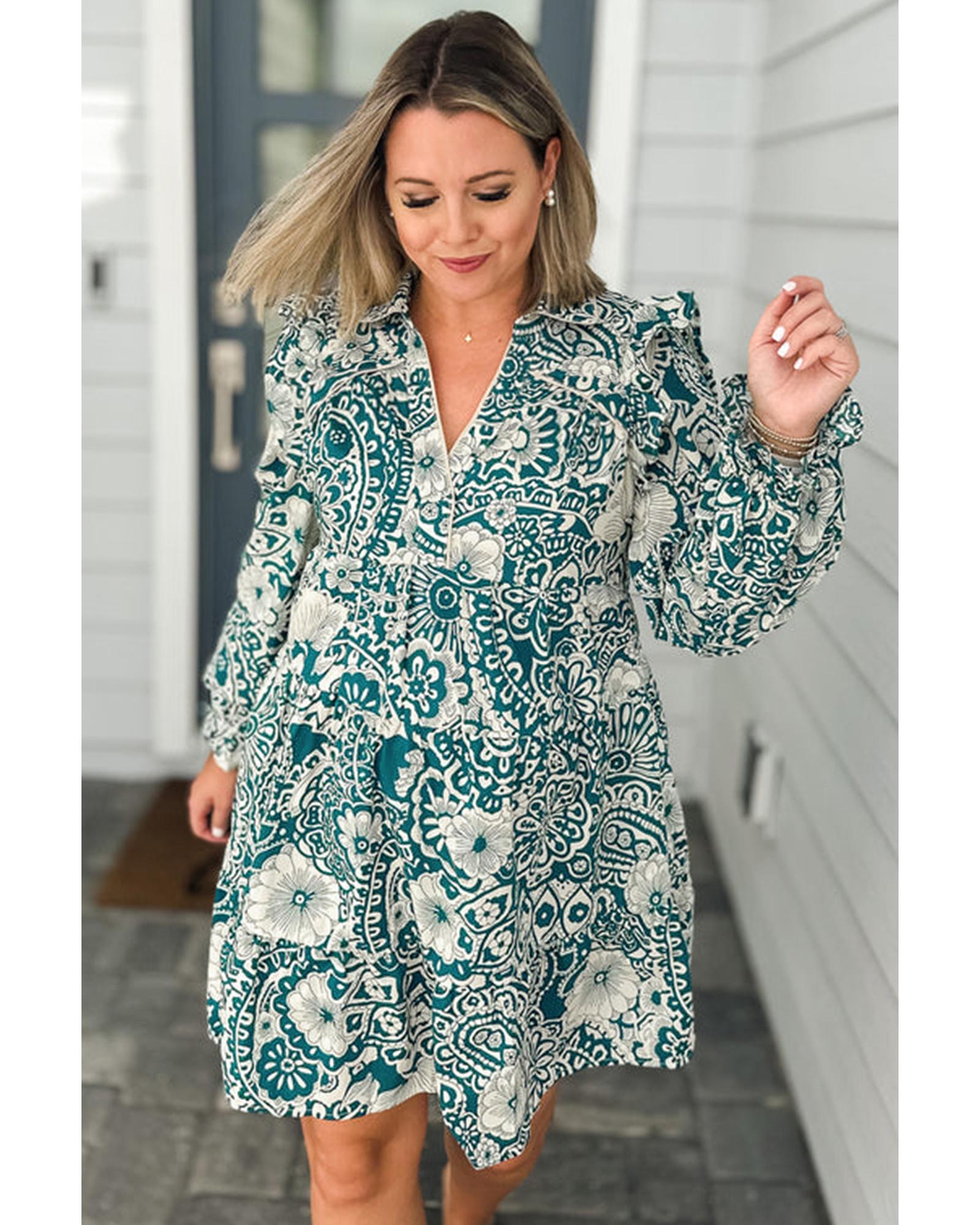 Green Floral Flounce Sleeve Split Neck Plus Size Dress - 4X